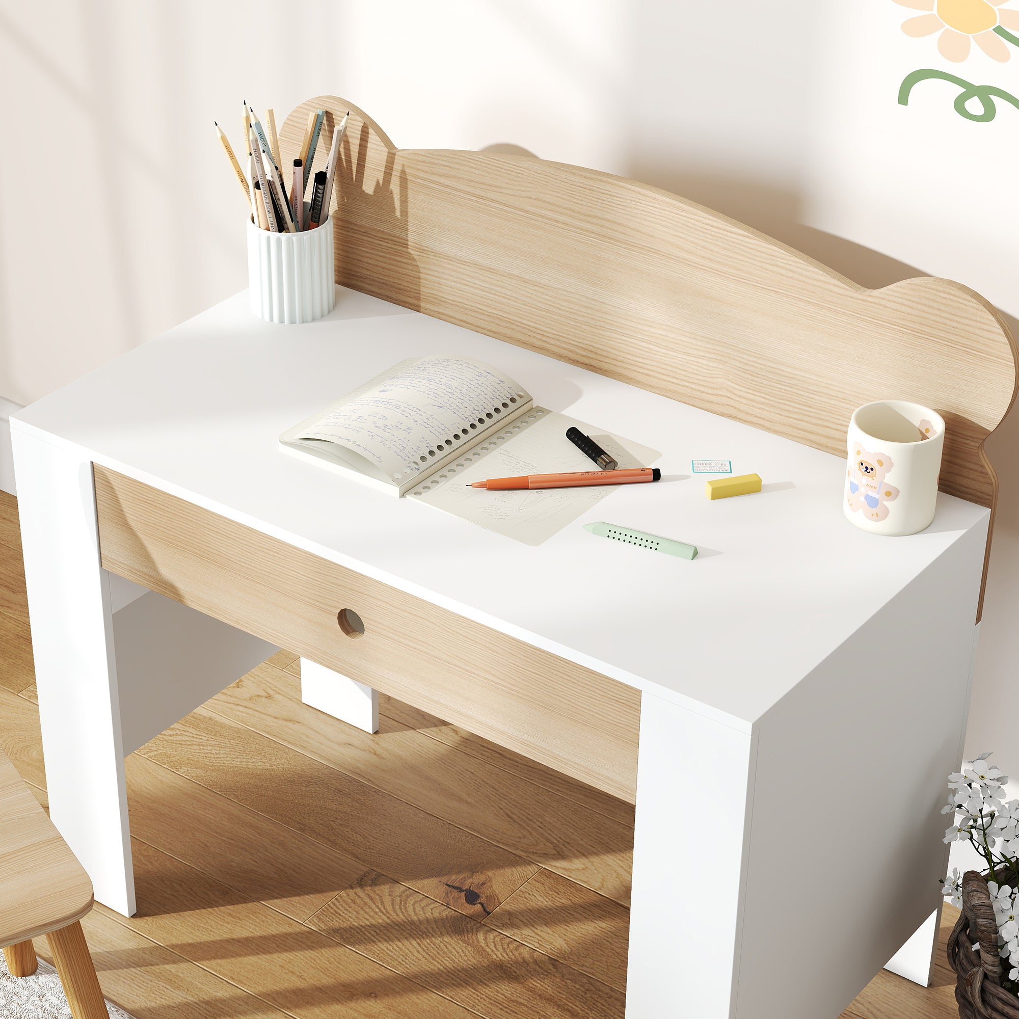 AIYAPLAY Schreibtisch-Set für Kinder, Arbeitstisch und Stuhl mit Bärenform, Schublade, zum Schreiben und Basteln, 3-8 Jahre, Naturholz