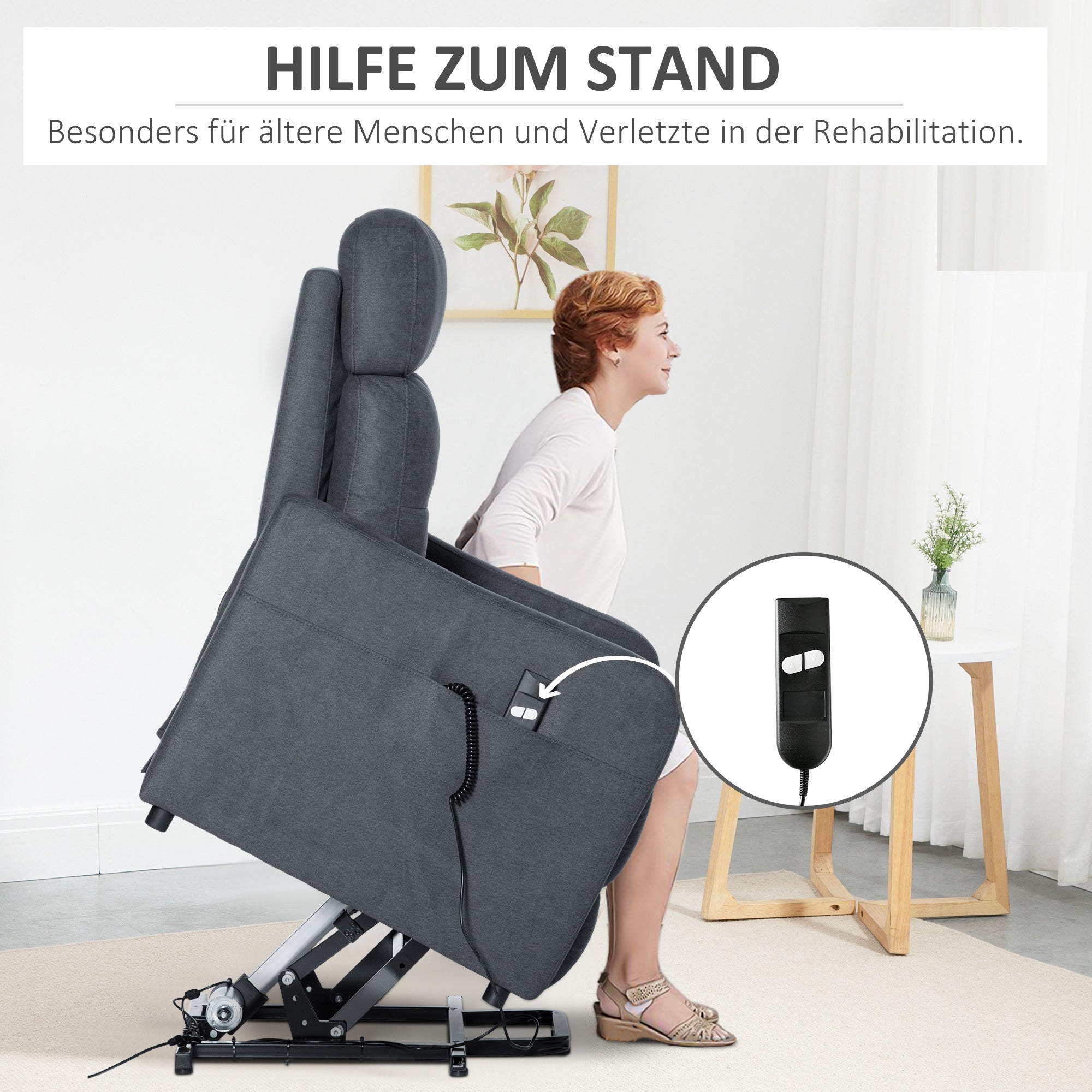 HOMCOM Relaxsessel mit Aufstehhilfe, inkl. Fernbedienung, ausziehbare Fußstütze, 71 cm x 94 cm x 104 cm, Grau