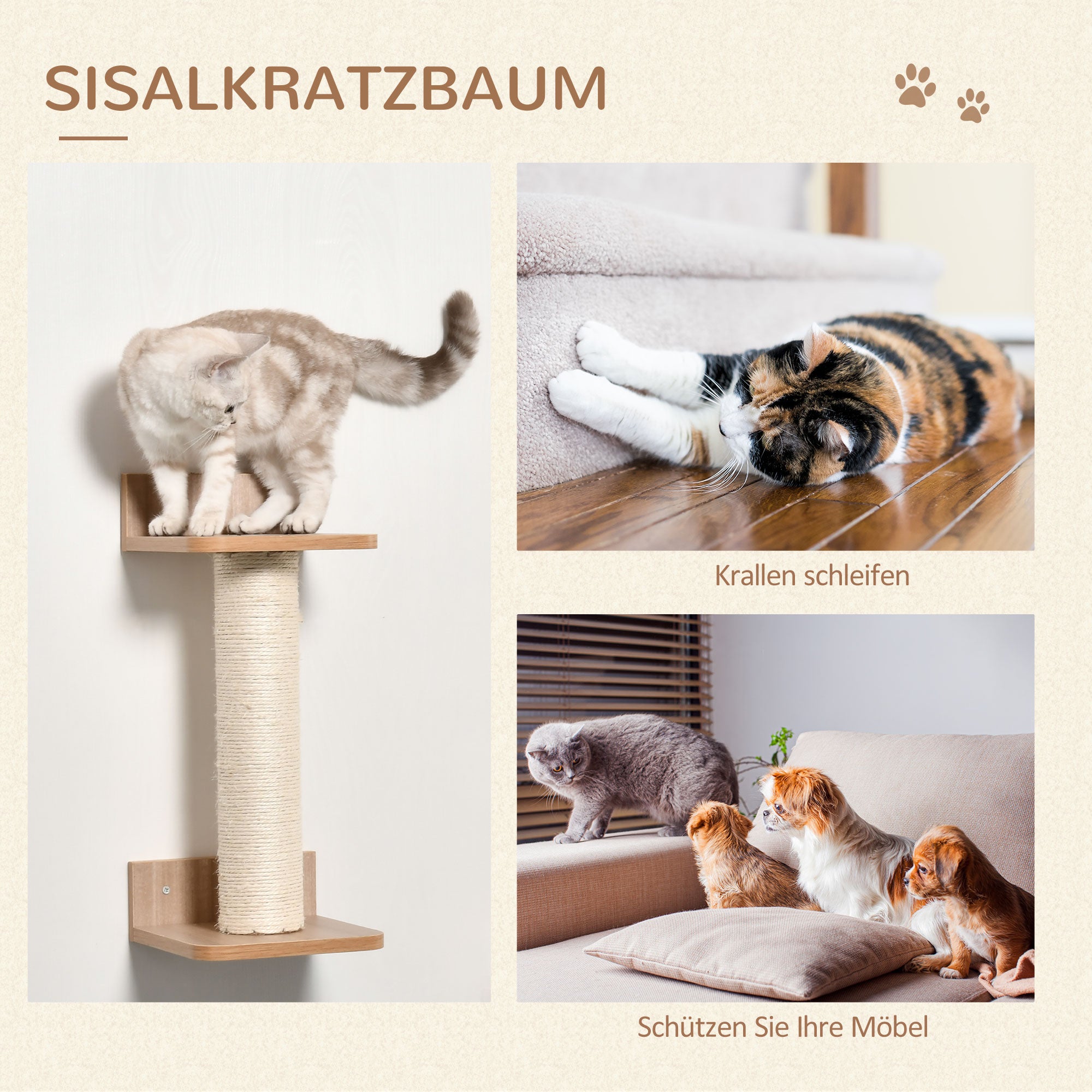 PawHut 4tlg. Kletterwand für Katzen Katzenkletterwand mit Kratzbaum Katzentreppe Katzenmöbel Hängematte Hellbraun Sisal Acryl Kiefer
