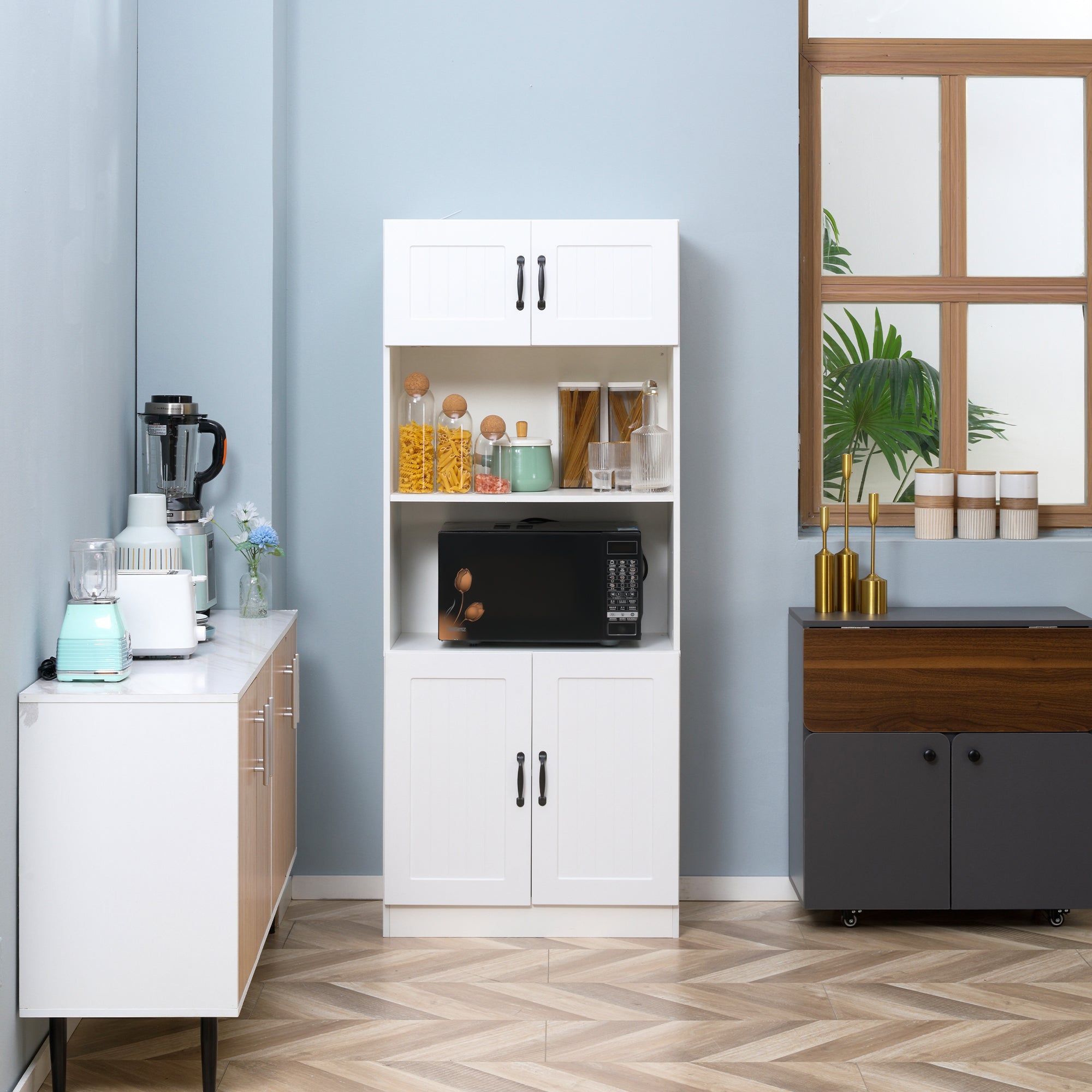 HOMCOM Küchenschrank Küchenbüffet Schrank, Landhausstil, 2 Schränke, 2 Regale,  70 cm x 40 cm x 170 cm Weiß + Schwarz