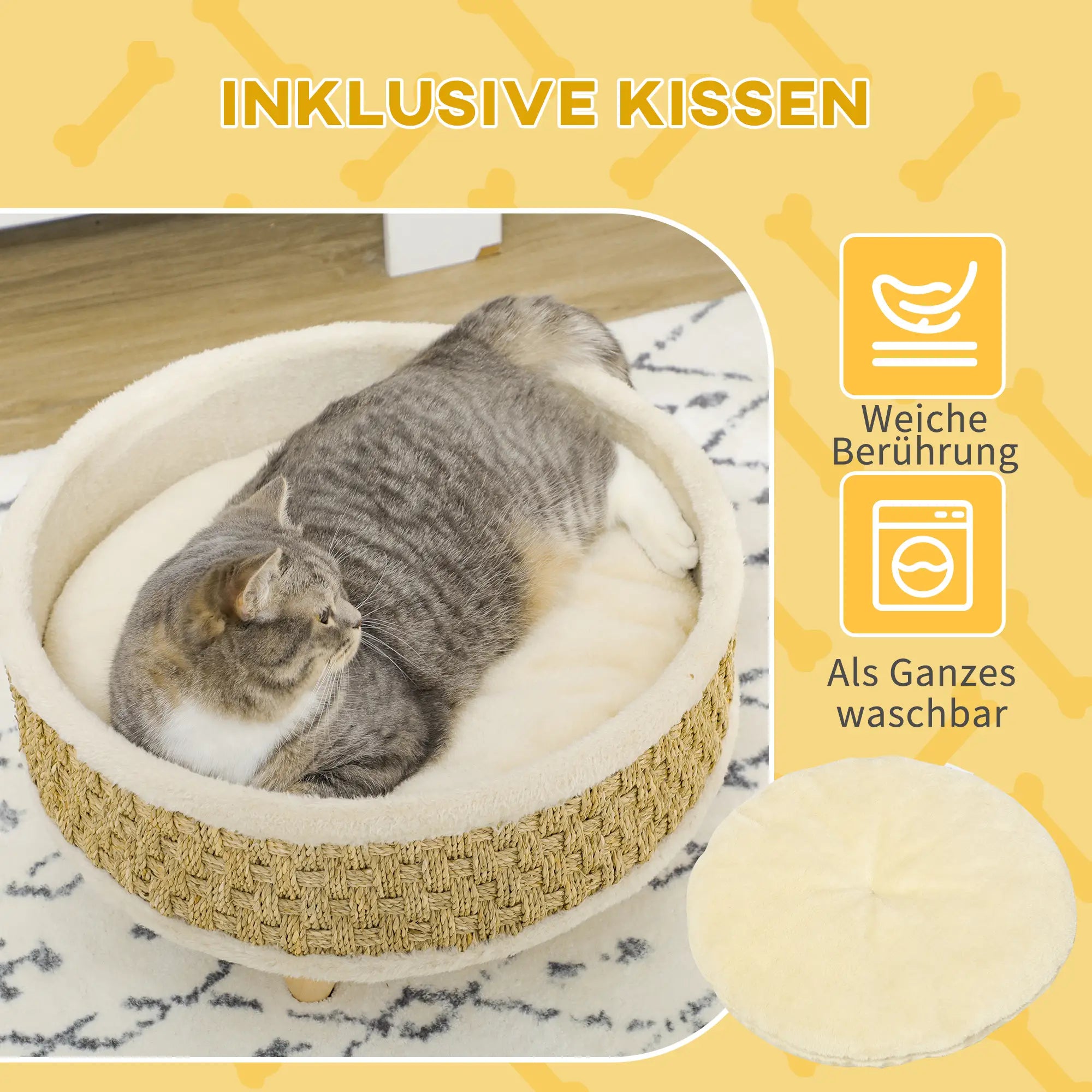 PawHut Haustierbett für Katzen und Hunde, Seegras, waschbares Kissen, 48 cm x 48 cm x 24,5 cm, Beige + Khaki - Natur