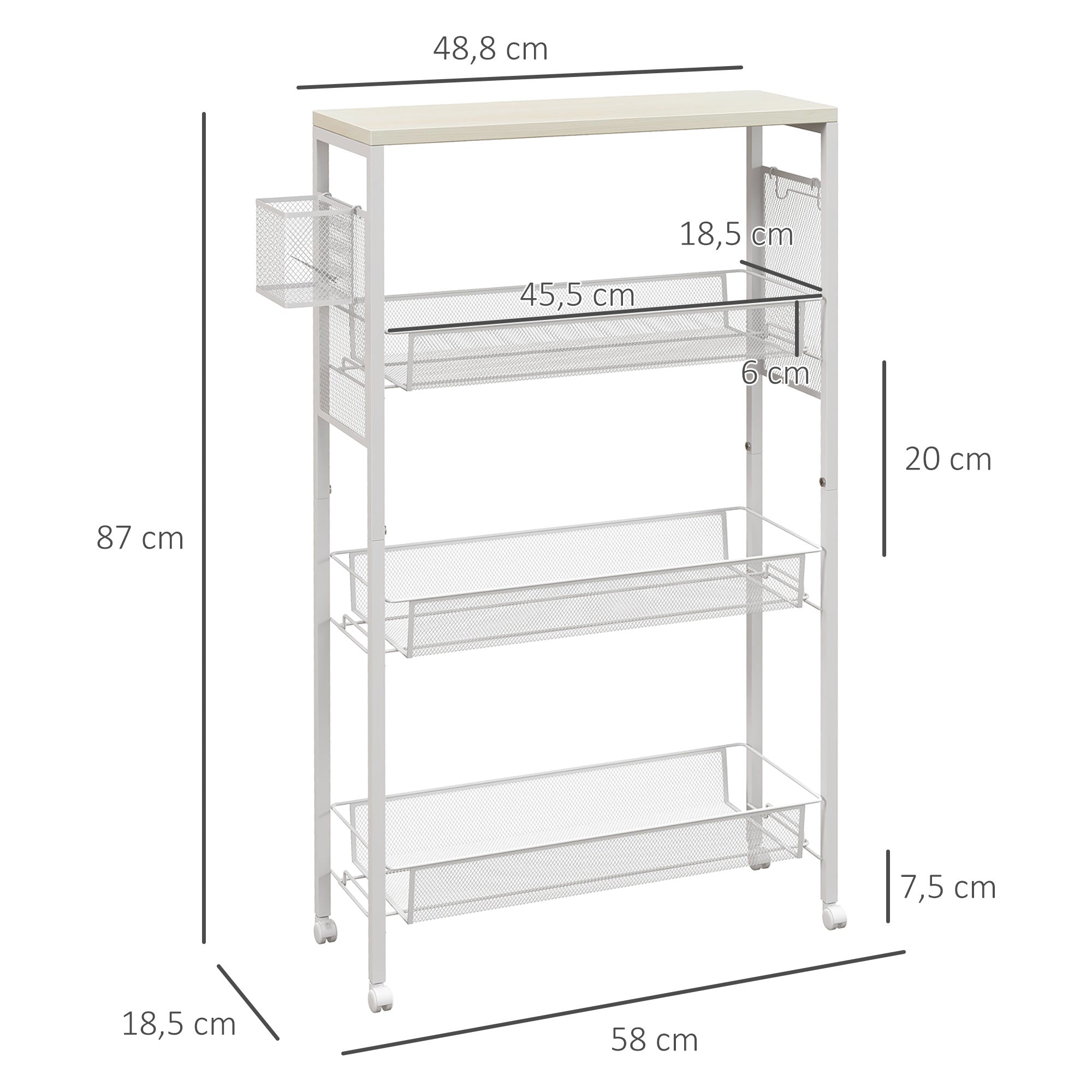 HOMCOM Nischenwagen Mehrzweckwagen Küchenwagen, 3 Regale, Haken, 58 cm x 18,5 cm x 87 cm, Weiß
