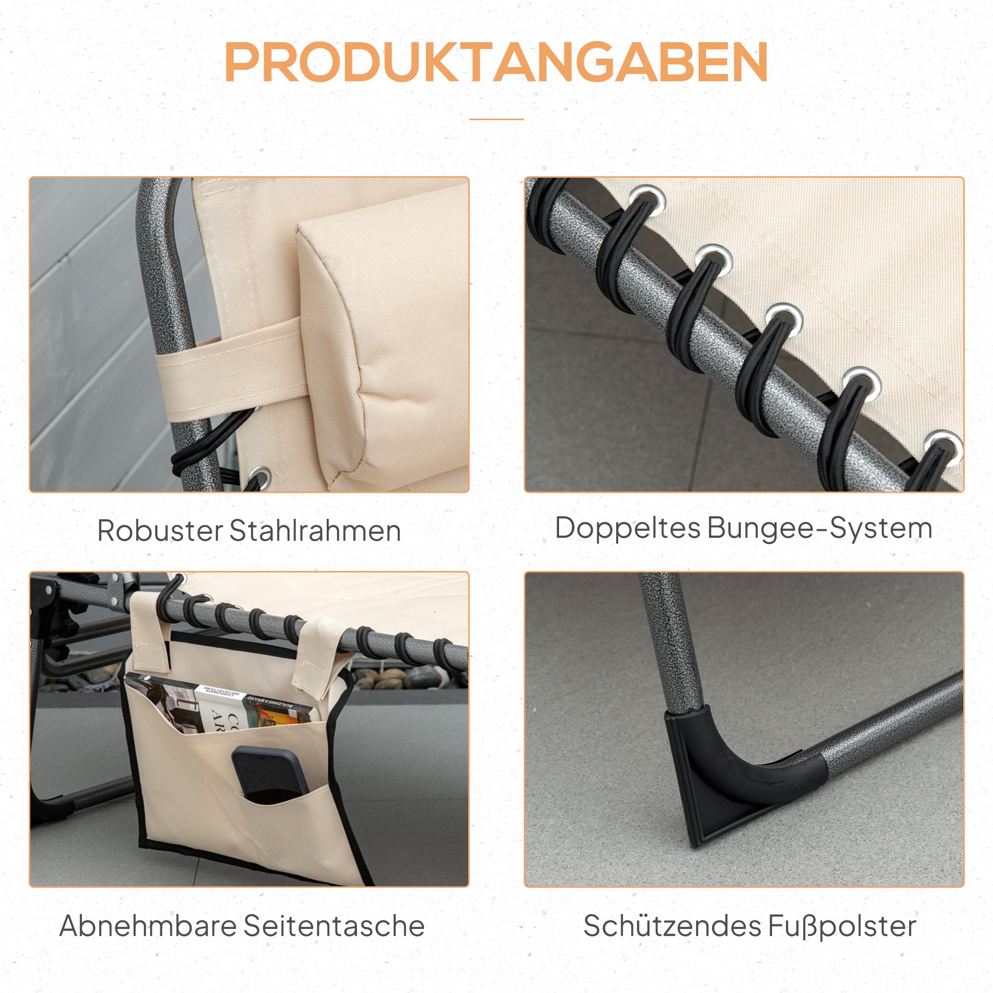 Outsunny Sonnenliege, Faltbare Gartenliege, Klappliege mit Kissen, 5-stufige Rückenlehne, Oxfordstoff, 188 x 57 x 30 cm, Beige