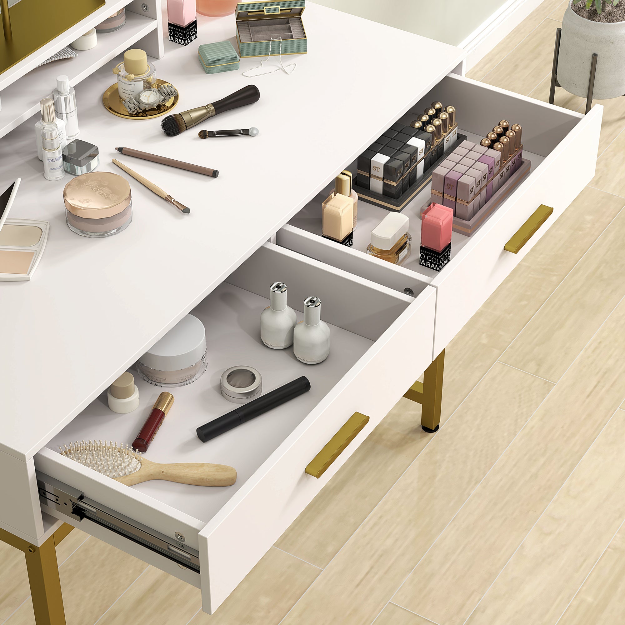 HOMCOM Kosmetiktisch mit 360° Spiegel, LED-Beleuchtung, 2 Schubladen, Weiß/Gold