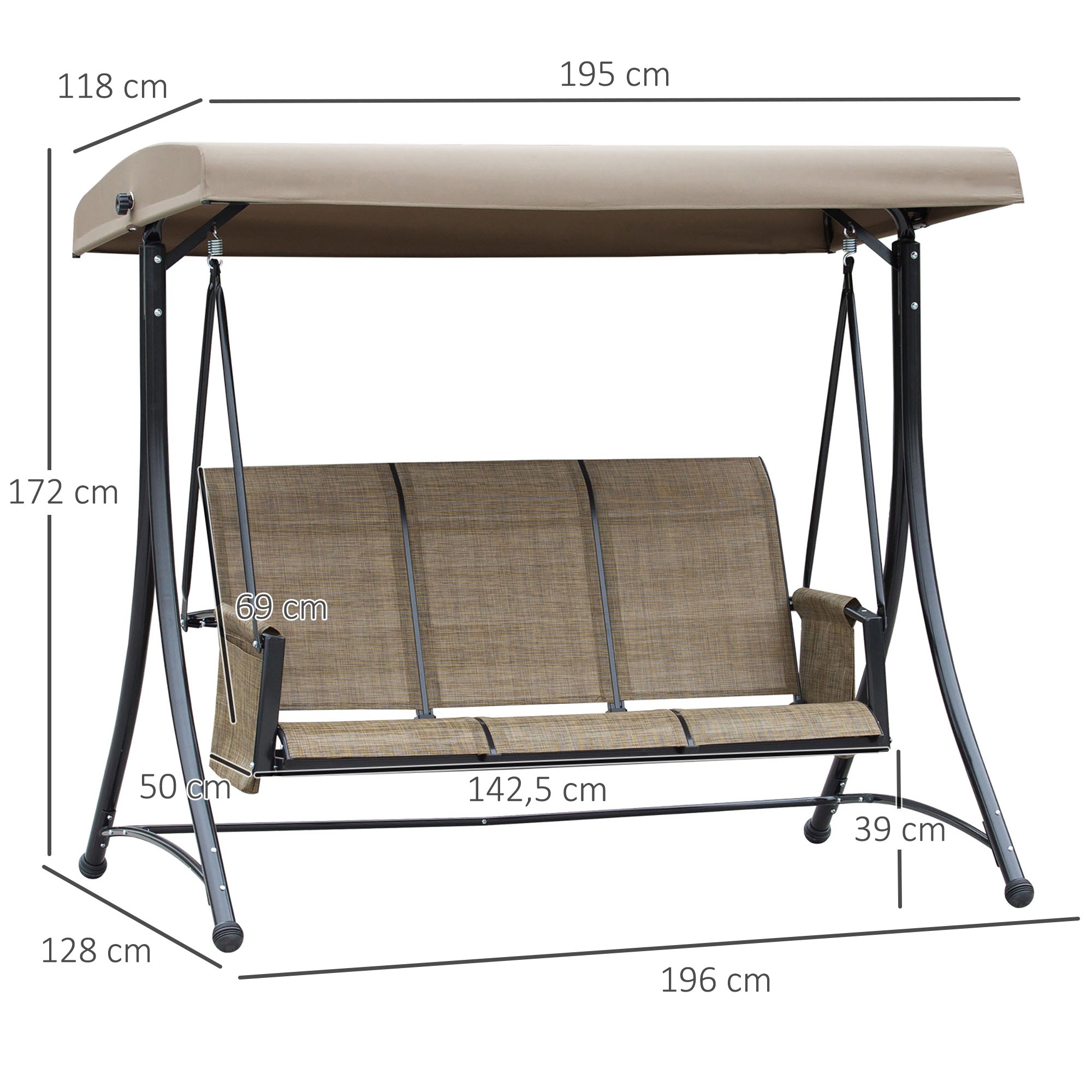 Outsunny 3-Sitzer Hollywoodschaukel, Gartenschaukel mit Sonnendach, Schaukelbank mit Ablage, Aluminium, 196 x 128 x 172 cm, Braun