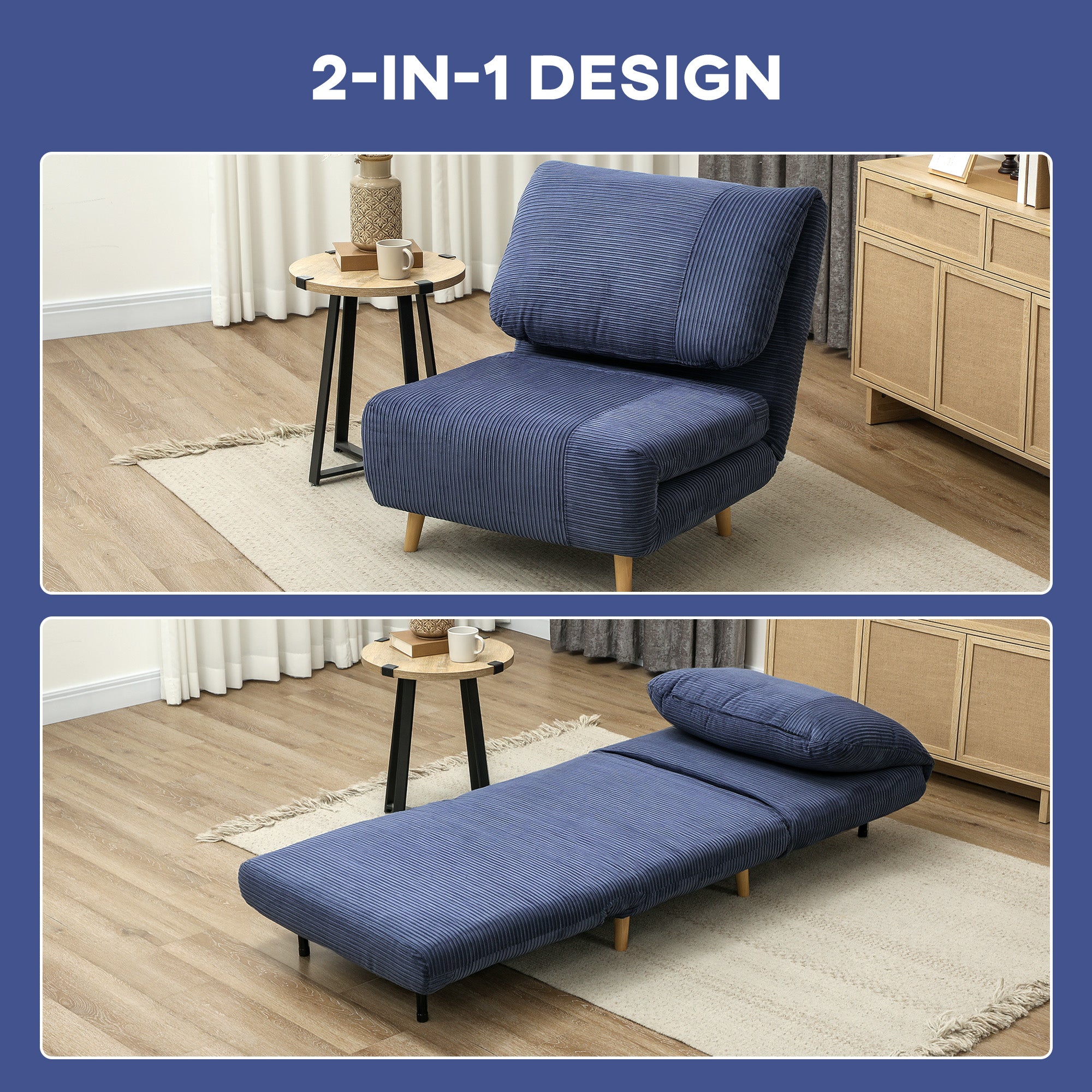 HOMCOM 2-in-1 Schlafsessel Gästebett, verstellbare  Kopfstütze Cord-Optik 82 cm x 8 cm x 83 cm Blau