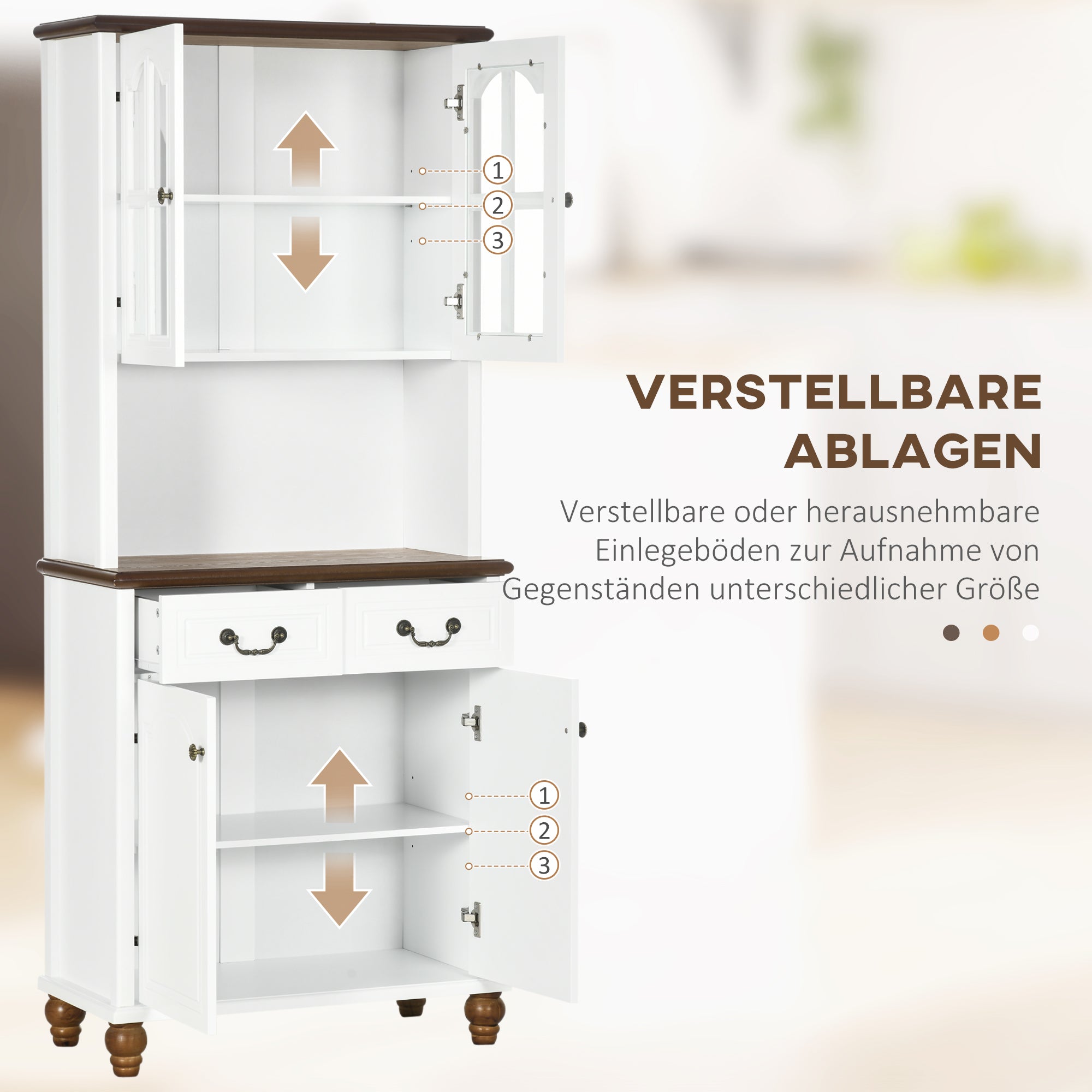 HOMCOM Küchenschrank, Buffet, 2 Schubladen, 2 Schrankfächer, klassisches Design, Weiß+Dunkelbraun, 76 x 38 x 182 cm