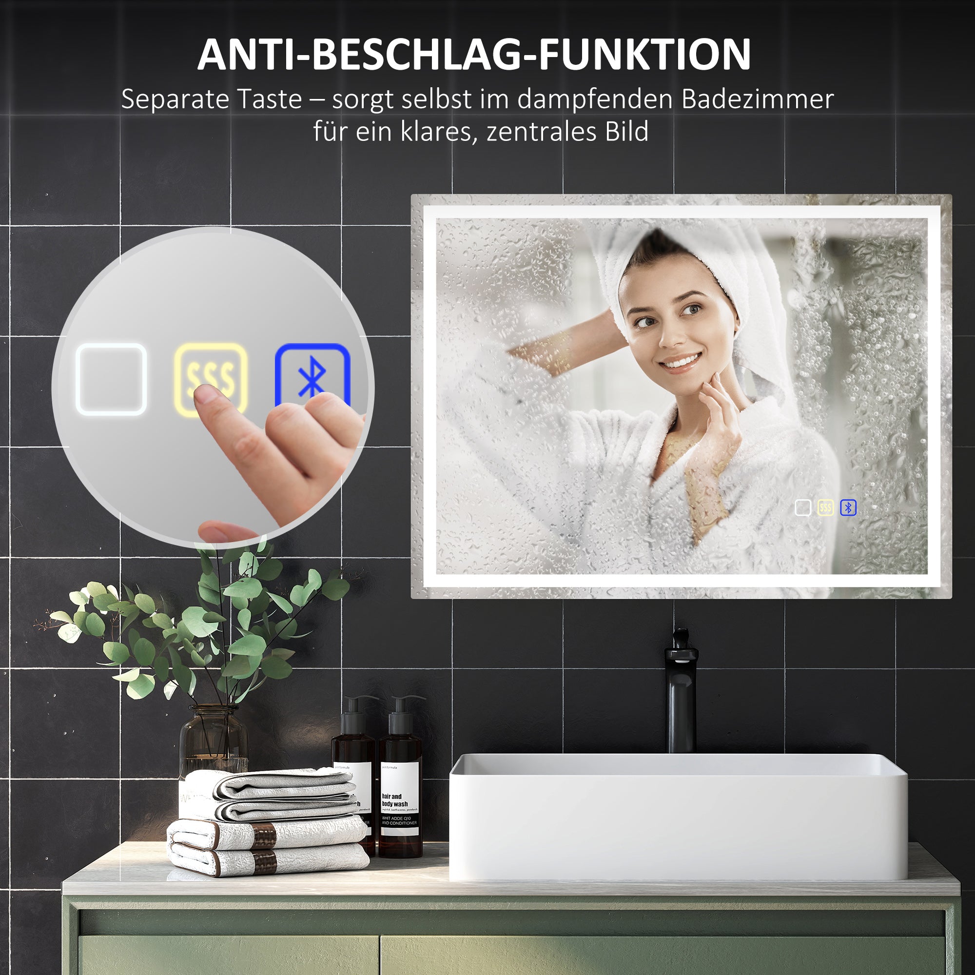 HOMCOM Badezimmerspiegel mit LED-Beleuchtung, Anti-Beschlags-Pad, 3 verstellbare Farben, Uhr, 600 x 800 mm, Silberfarben
