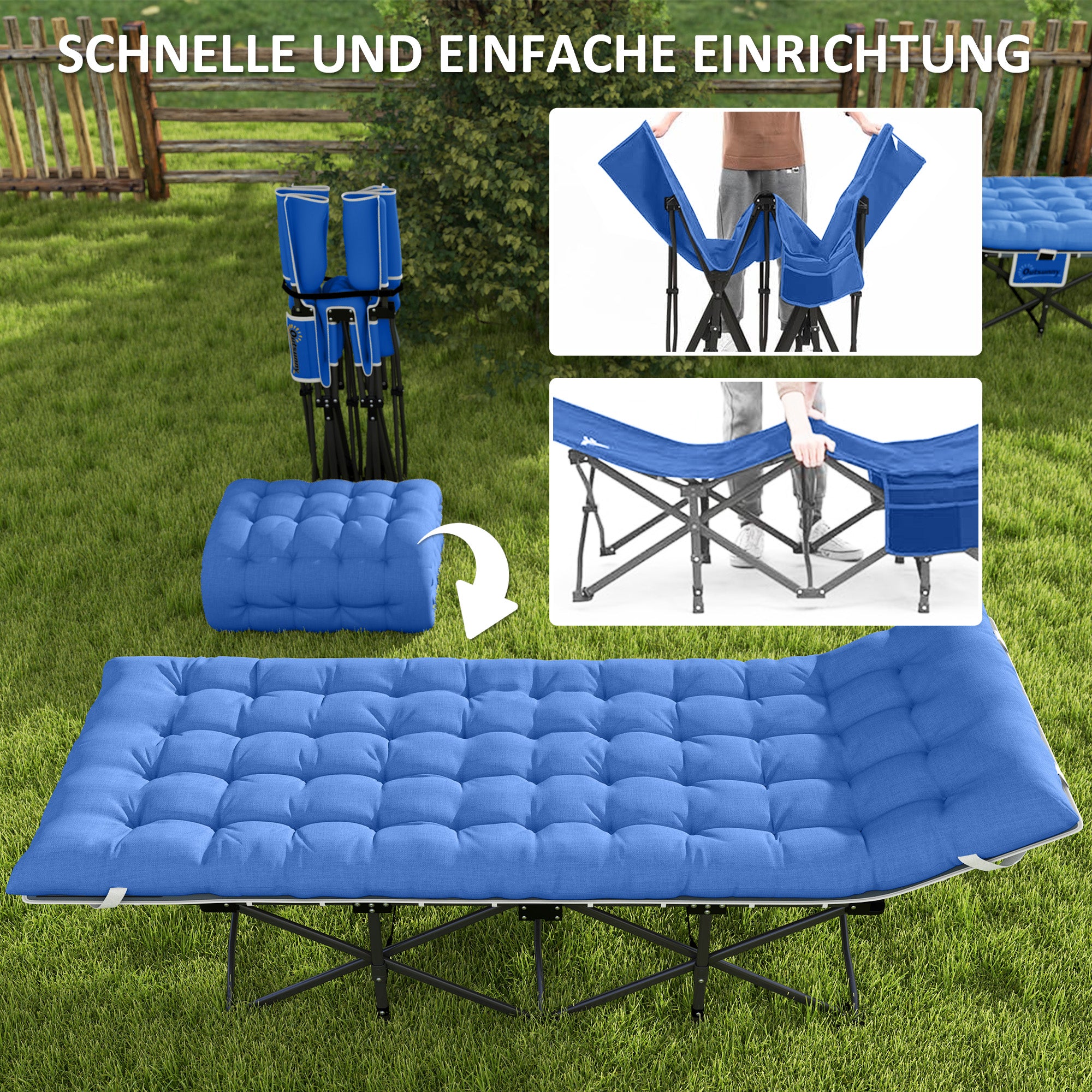 Outsunny Feldbett faltbar Campingbett mit Matratze Kopfkissen Seitentasche 190 x 65 x 37 cm bis 150 kg Dunkelblau