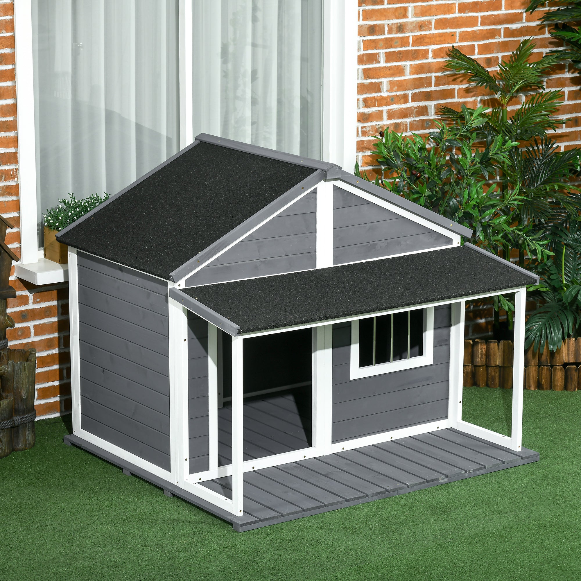 PawHut Hundehütte Outdoor-Hundehütte, inkl. Veranda, wetterbeständig, 124 cm x 112 cm x 105 cm, Grau + Weiß
