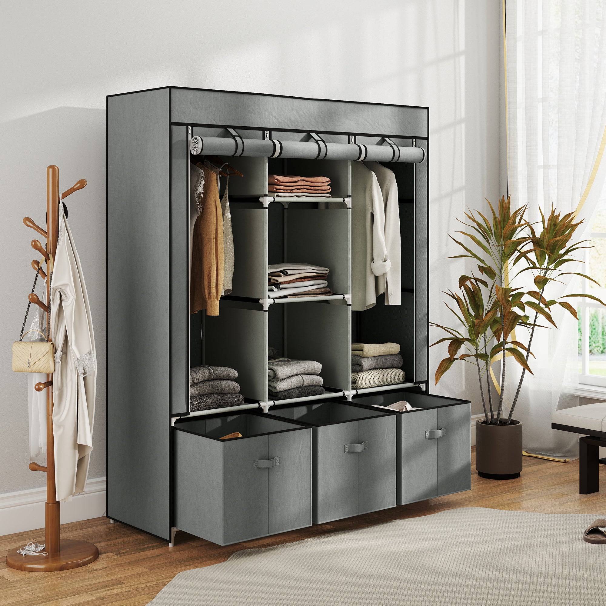 HOMCOM Stoffschrank aus Vlies, Faltschrank, inkl. 3 Schubladen, 125 cm x 43 cm x 162,5 cm, Hellgrau