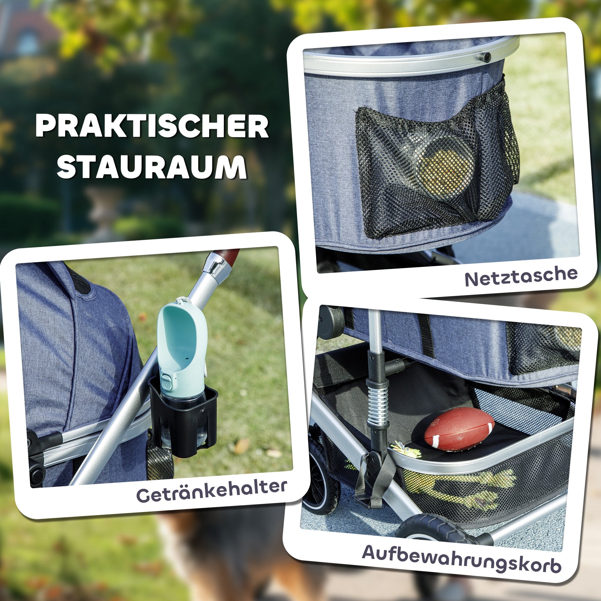 PawHut Hundewagen 3 in 1 Hundebuggy klappbar für Katzen bis 10 kg Katzenbuggy mit Kissen Becherhalter Dunkelblau