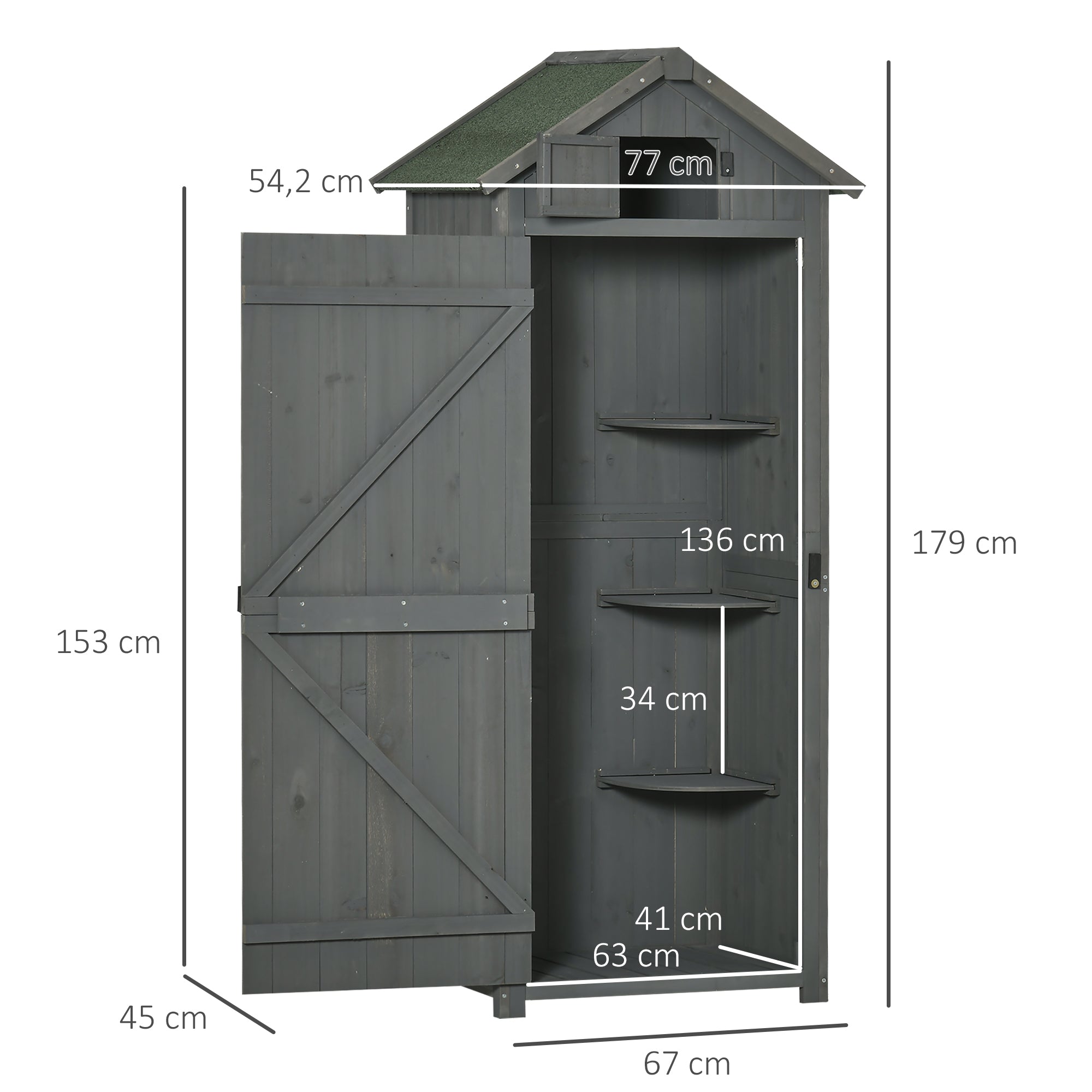 Outsunny Gartenschrank Holz, Geräteschuppen wetterfest 77x54,2x179cm, Gerätehaus mit Tür, Satteldach, Geräteschrank mit Böden, Werkzeugschrank Gartenschuppen für Garten, Terrasse, Grau+Grün