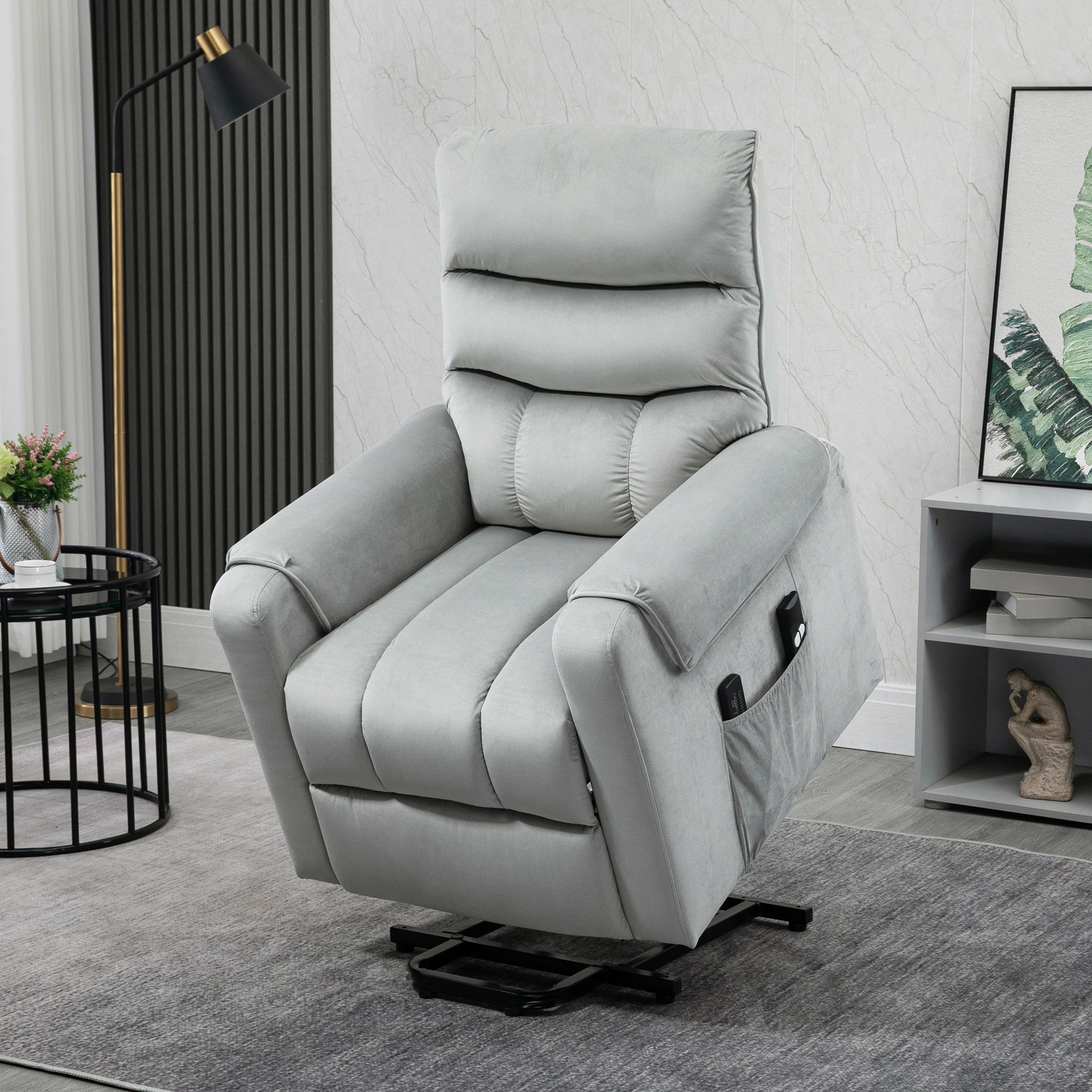 HOMCOM Aufstehhilfe Relaxsessel TV Sessel mit schlaffunktion elektrischer Fernsehsessel mit Liegefunktion Samtartiges Polyester Metall Schaumstoff Hellgrau 79 x 97 x 103 cm