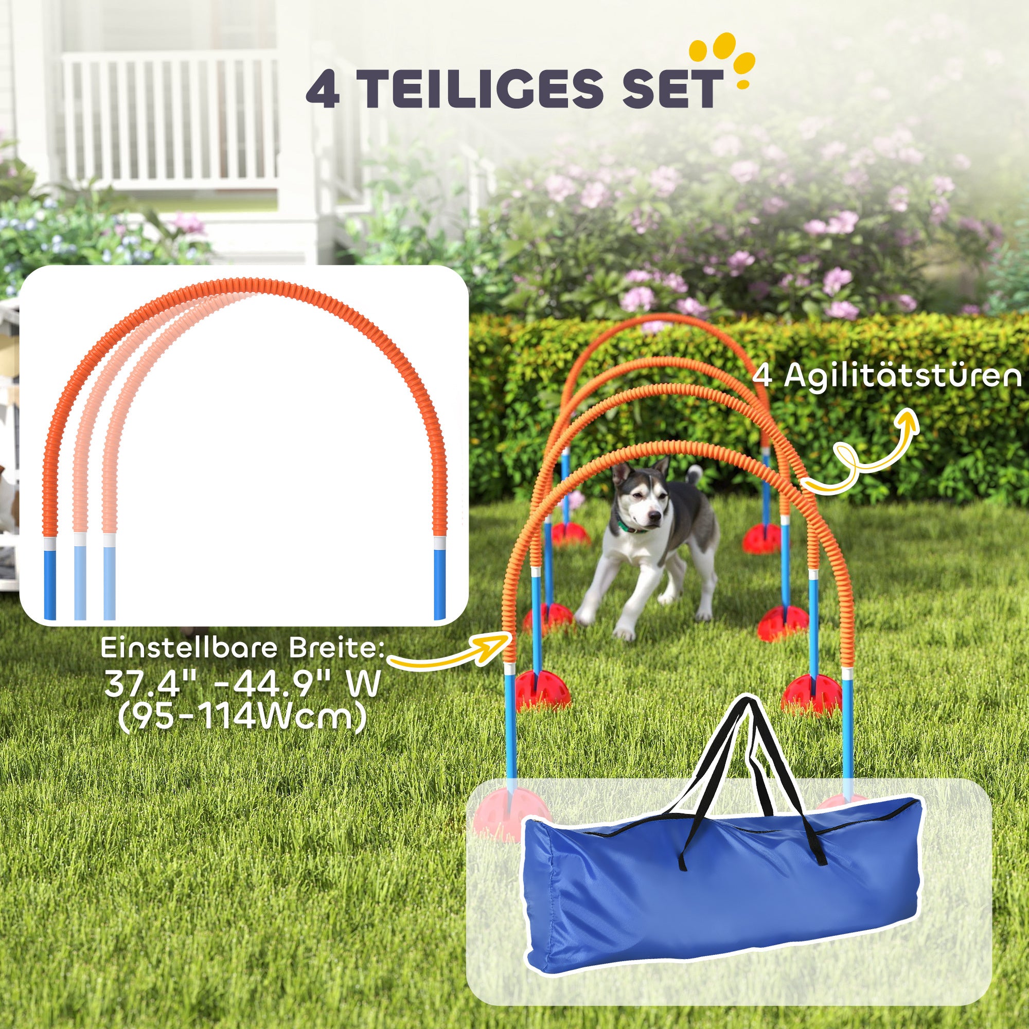 PawHut 4-teiliges Hunde-Agility-Trainingsgerät mit 4 Türen in verstellbarer Breite, Tragetasche, für Garten, Blau