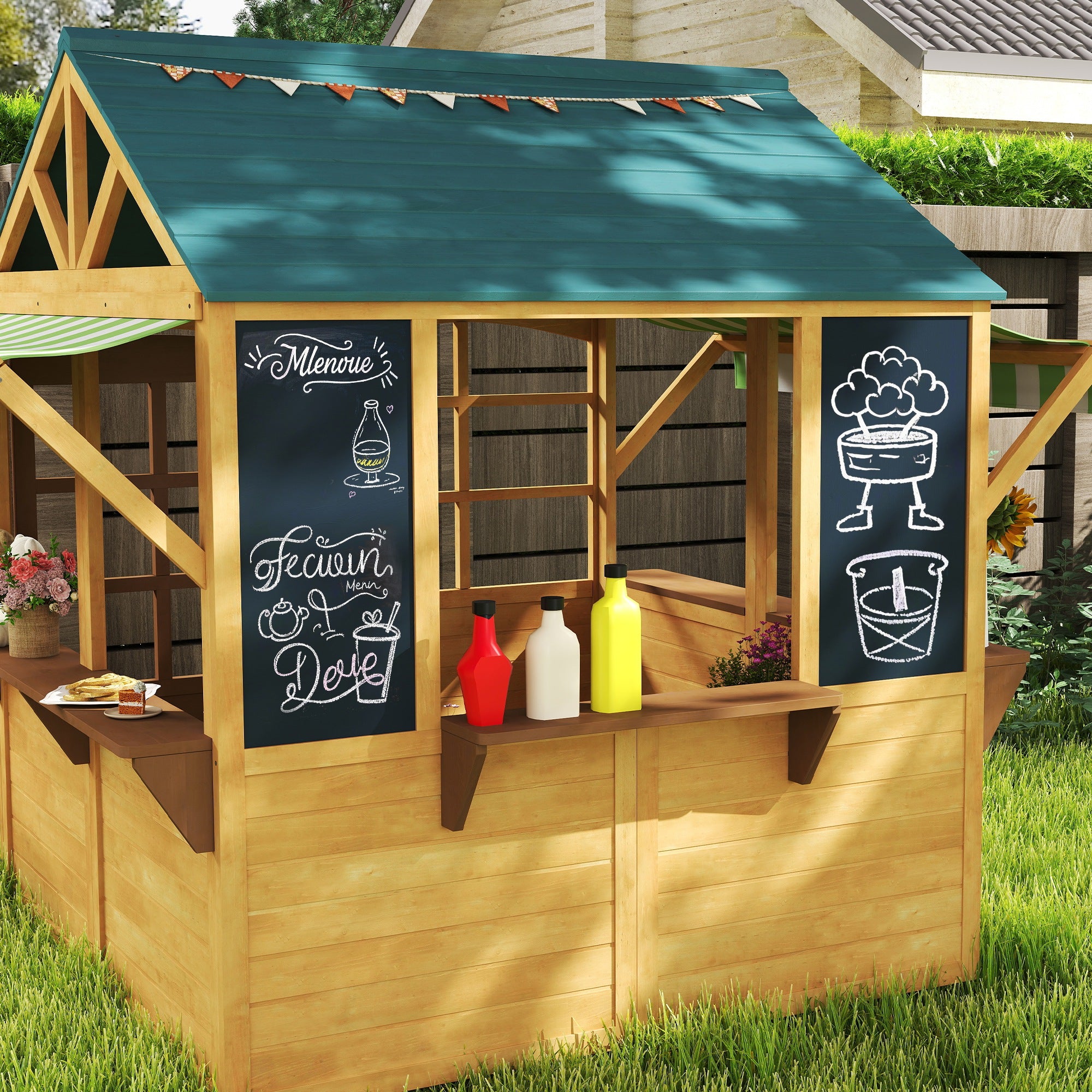 AIYAPLAY Kinderspielhaus aus Tannenholz, Faltbares Häuschen mit Fenstern, Tür, für Kinder im Alter von 3-8 Jahren, Braun+Blau
