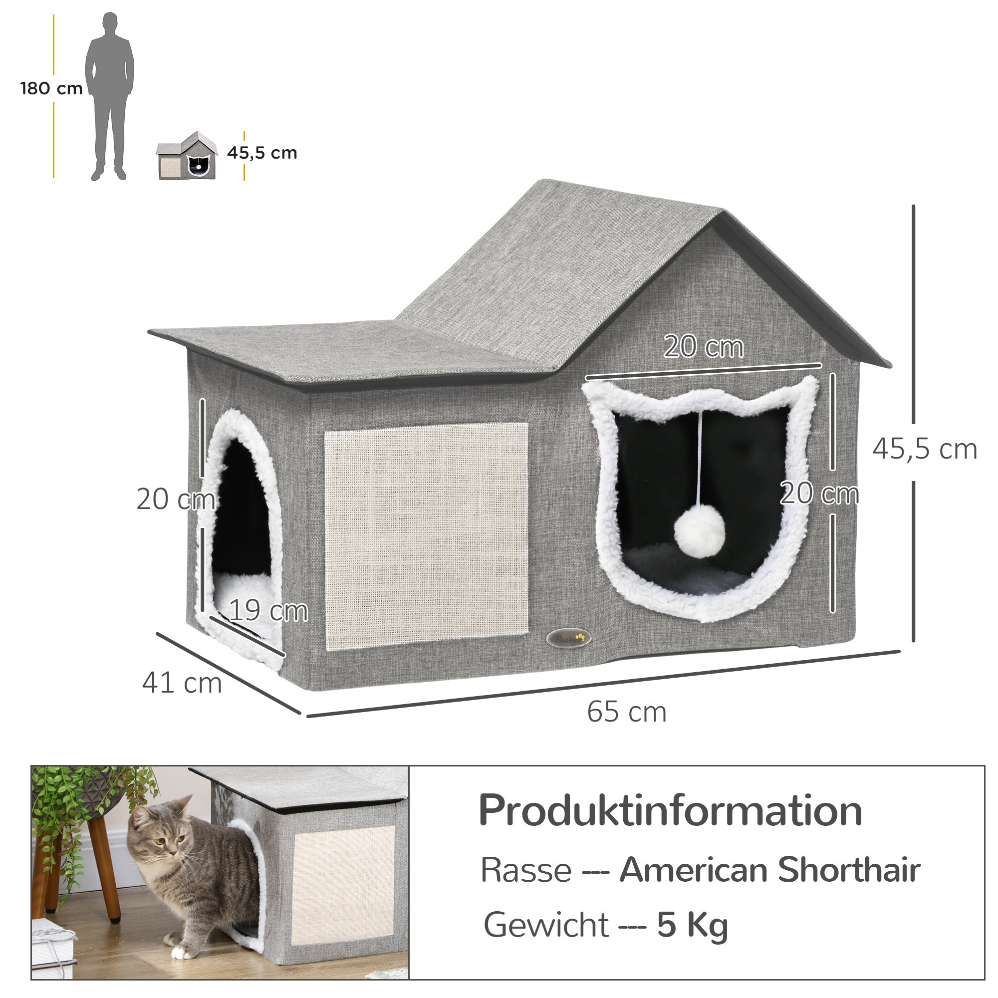 PawHut Katzenhaus mit Kratzfläche, inkl. Spielball, Katzenhöhle, 65 cm  x 41 cm x 45.5H cm, Braun + Weiß + Beige