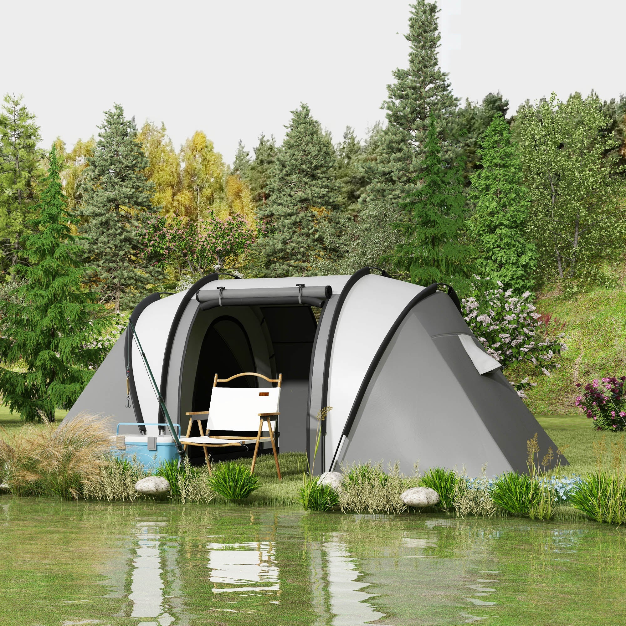 Outsunny Campingzelt für 4-5 Personen leicht wasserabweisend Familienzelt mit 3 Zimmer Seitentür Fenster Grau