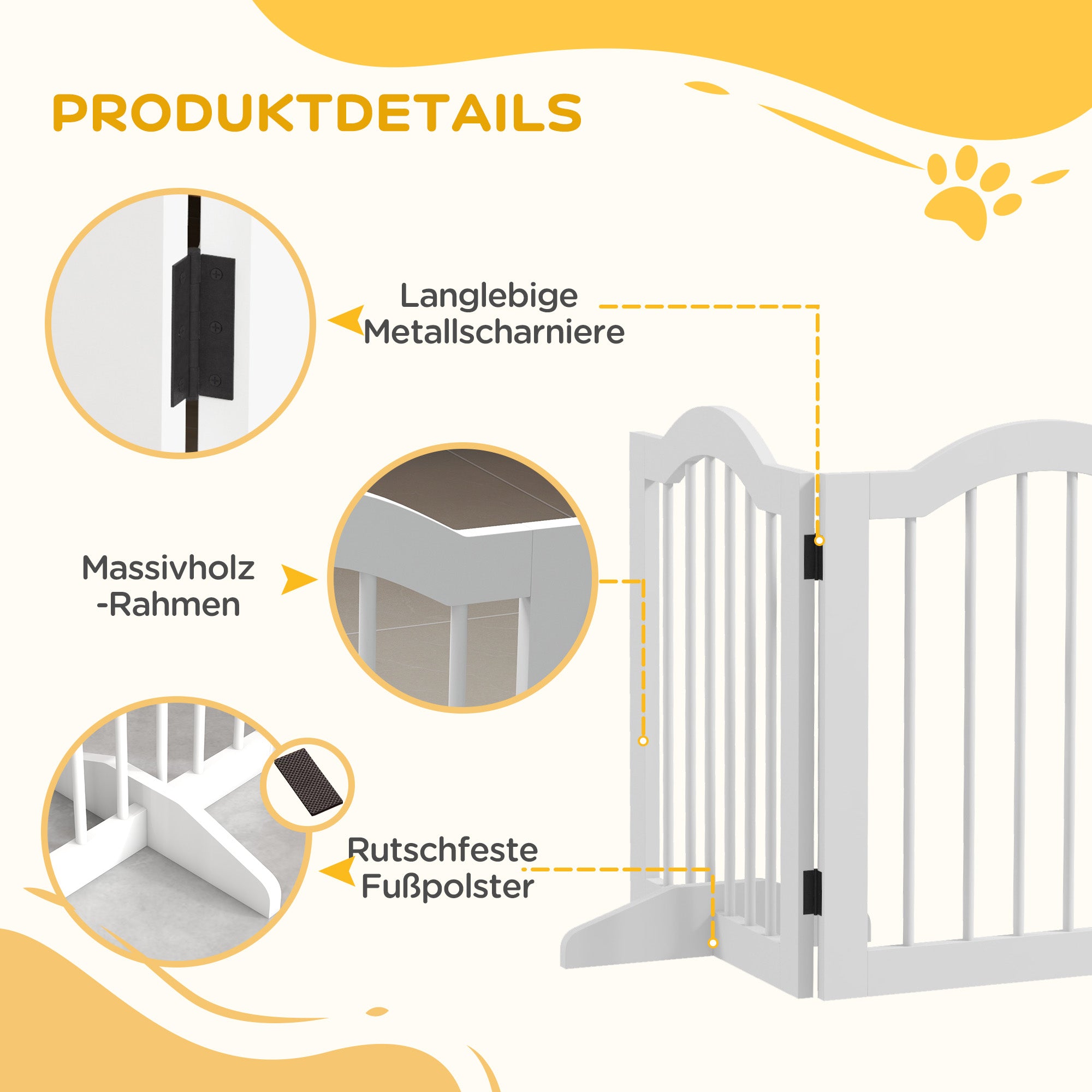 PawHut Hunde-Absperrgitter, 5 Paneele, klappbar, flexibel, Massivholz/MDF, 254,5x29,5x61 cm, Weiß