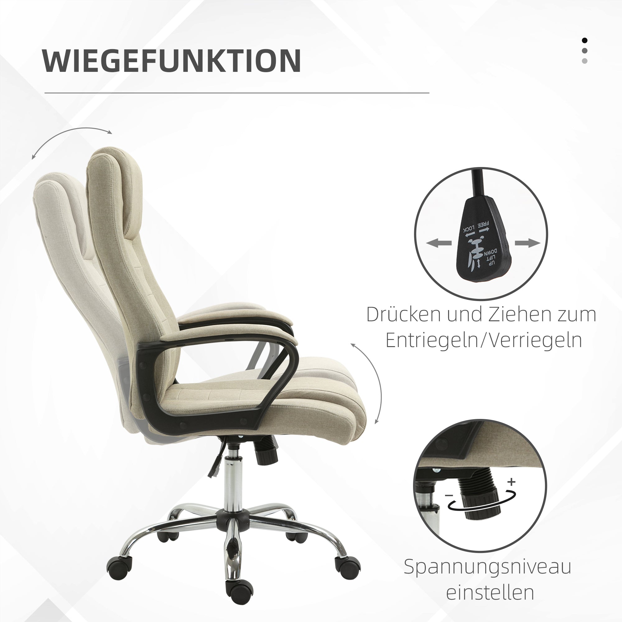 Vinsetto Bürostuhl in Leinenoptik, höhenverstellbar, Wippfunktion, 5 Rollen, Beige