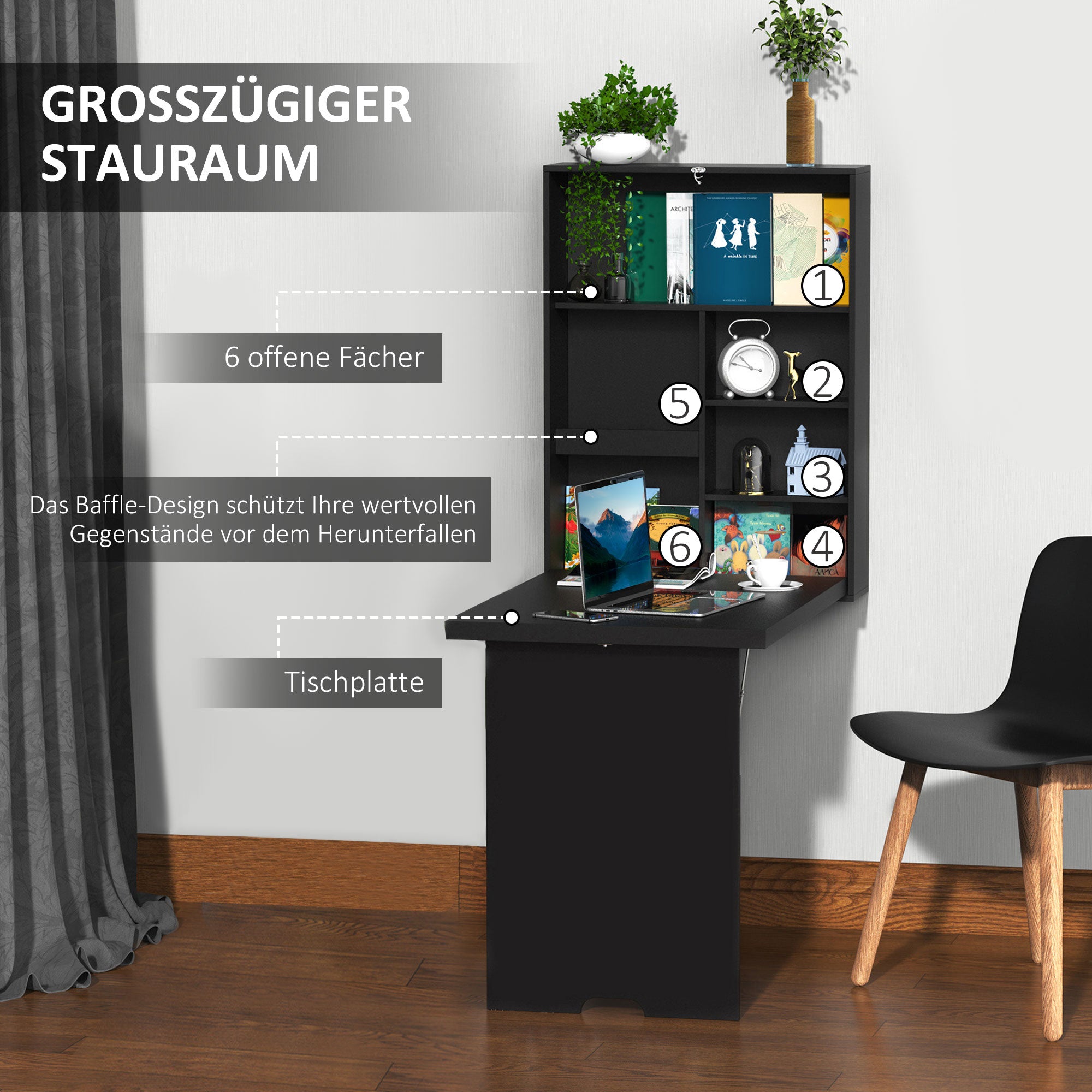 HOMCOM Wandklapptisch Wandschreibtisch, inkl. Schreibtafel, 60 cm x 94,5 cm x 147 cm, Schwarz
