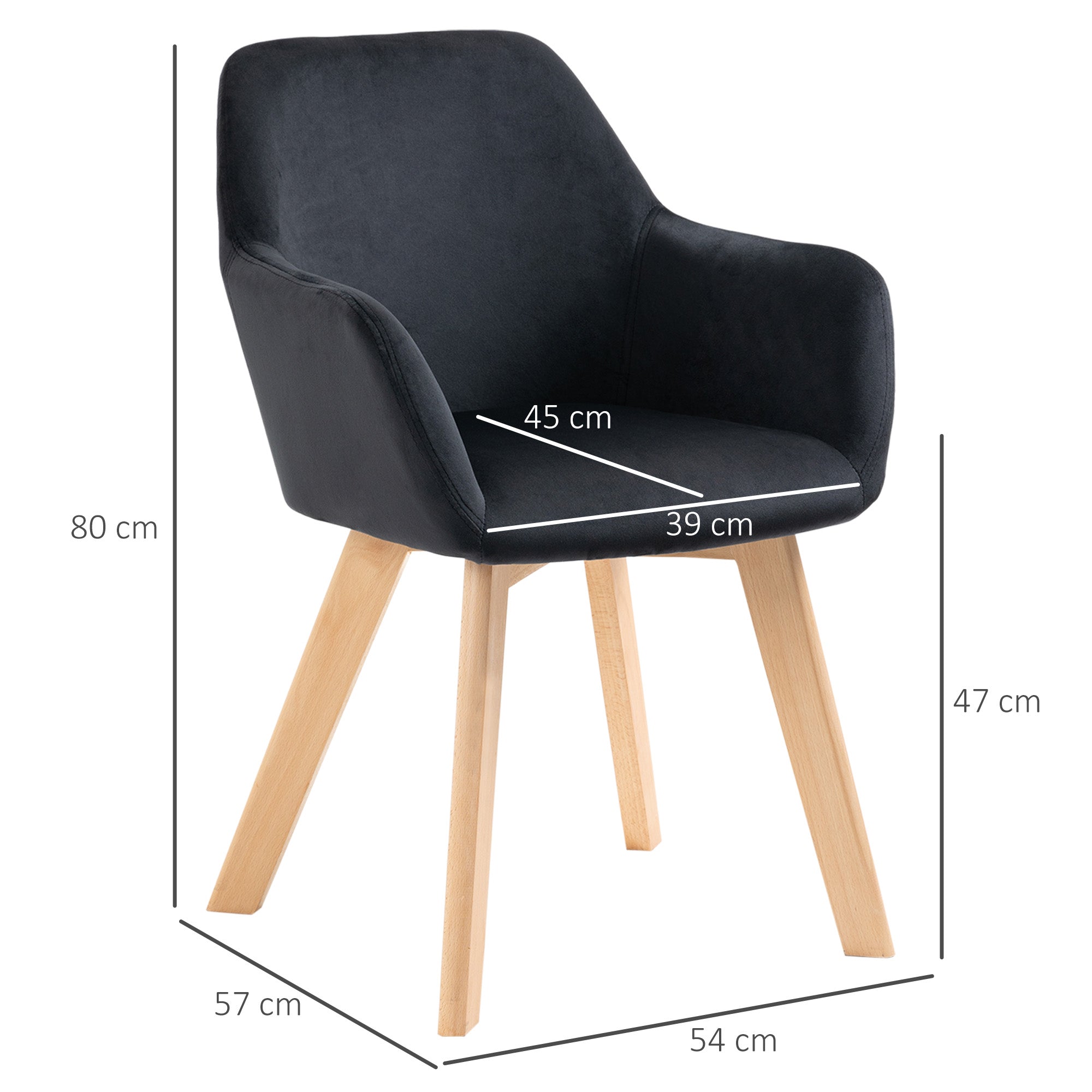 HOMCOM Esszimmerstühle, 2er-Set, modernes Design, Samtoptik, Kautschukbaumholz, 54x57x80 cm, Schwarz