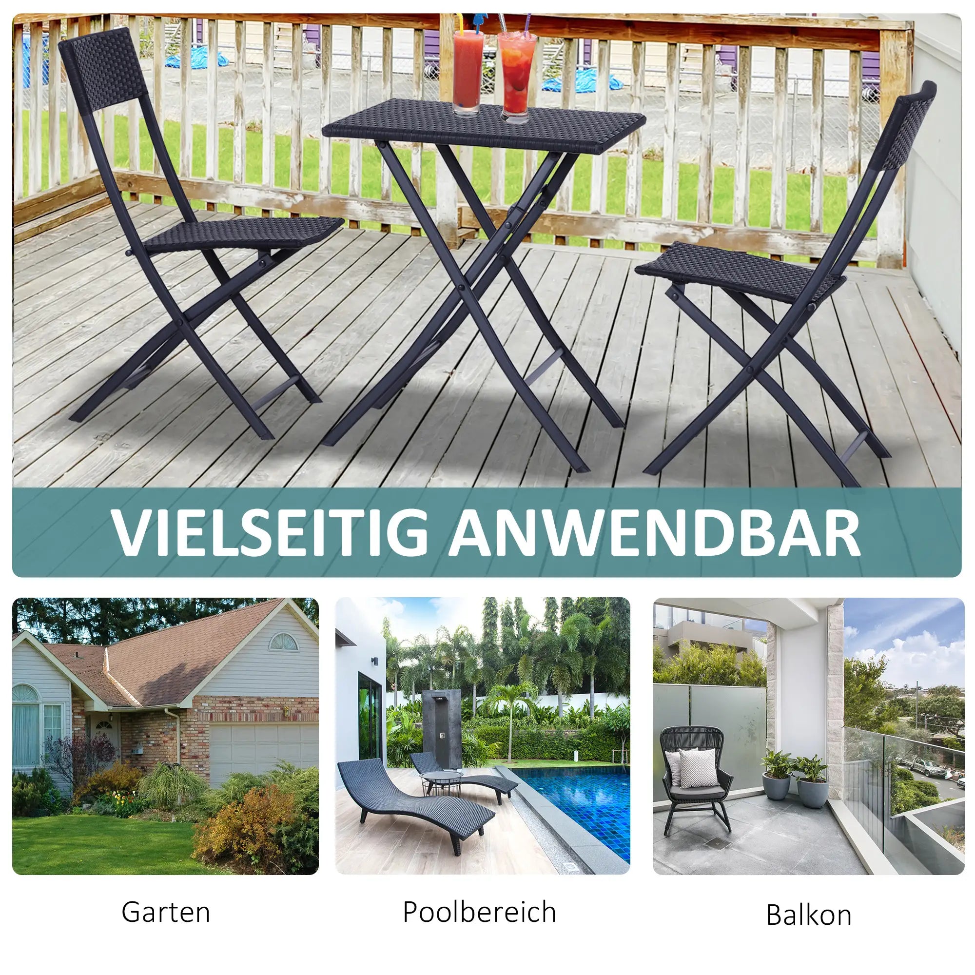 Outsunny Polyrattan Bistroset für 2 Personen Sitzgruppe Rattan Gartenmöbel Set Garnitur Schwarz