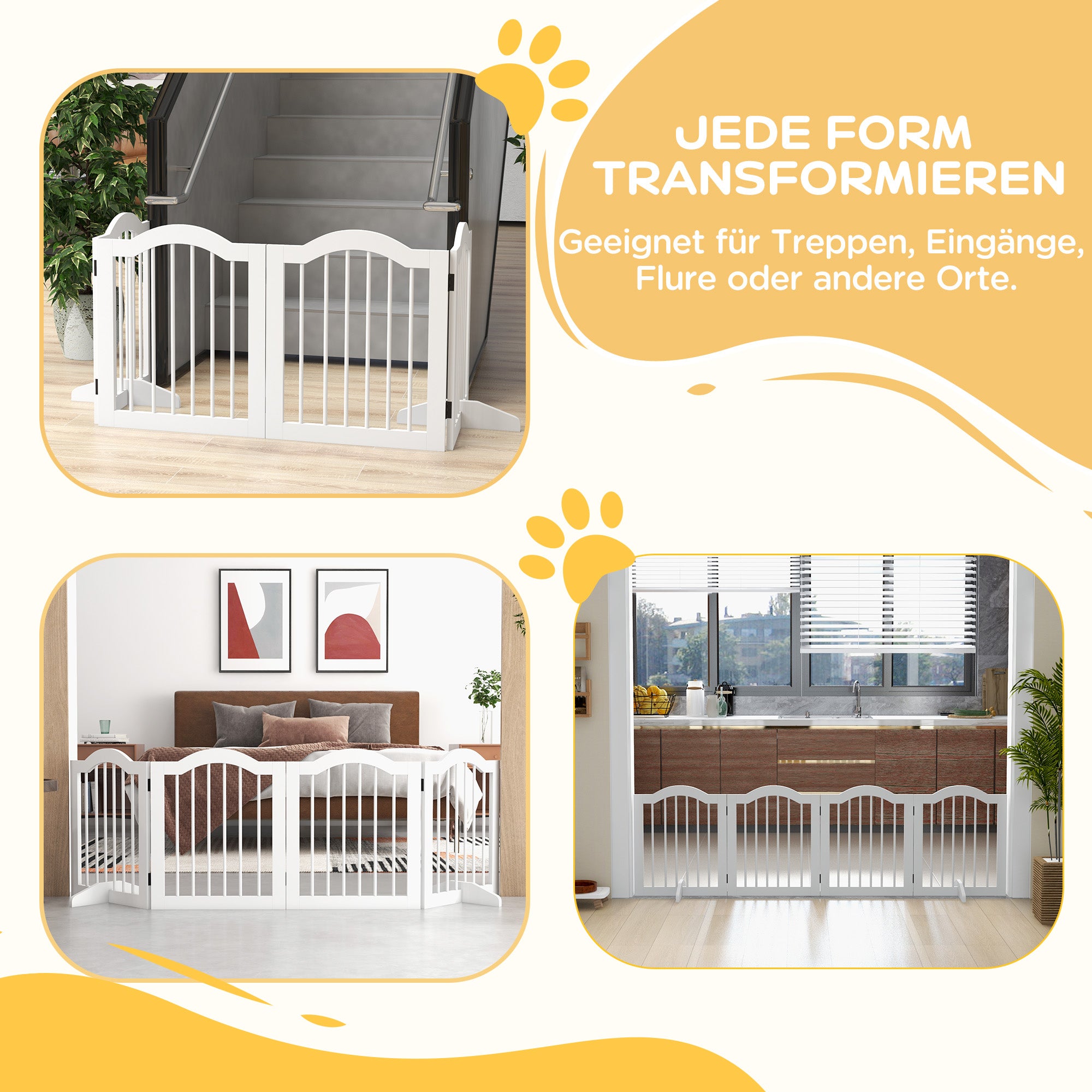PawHut Faltbares Hunde-Absperrgitter, 4 Paneele, für Treppen, Flure, Türen, MDF/Massivholz, Weiß