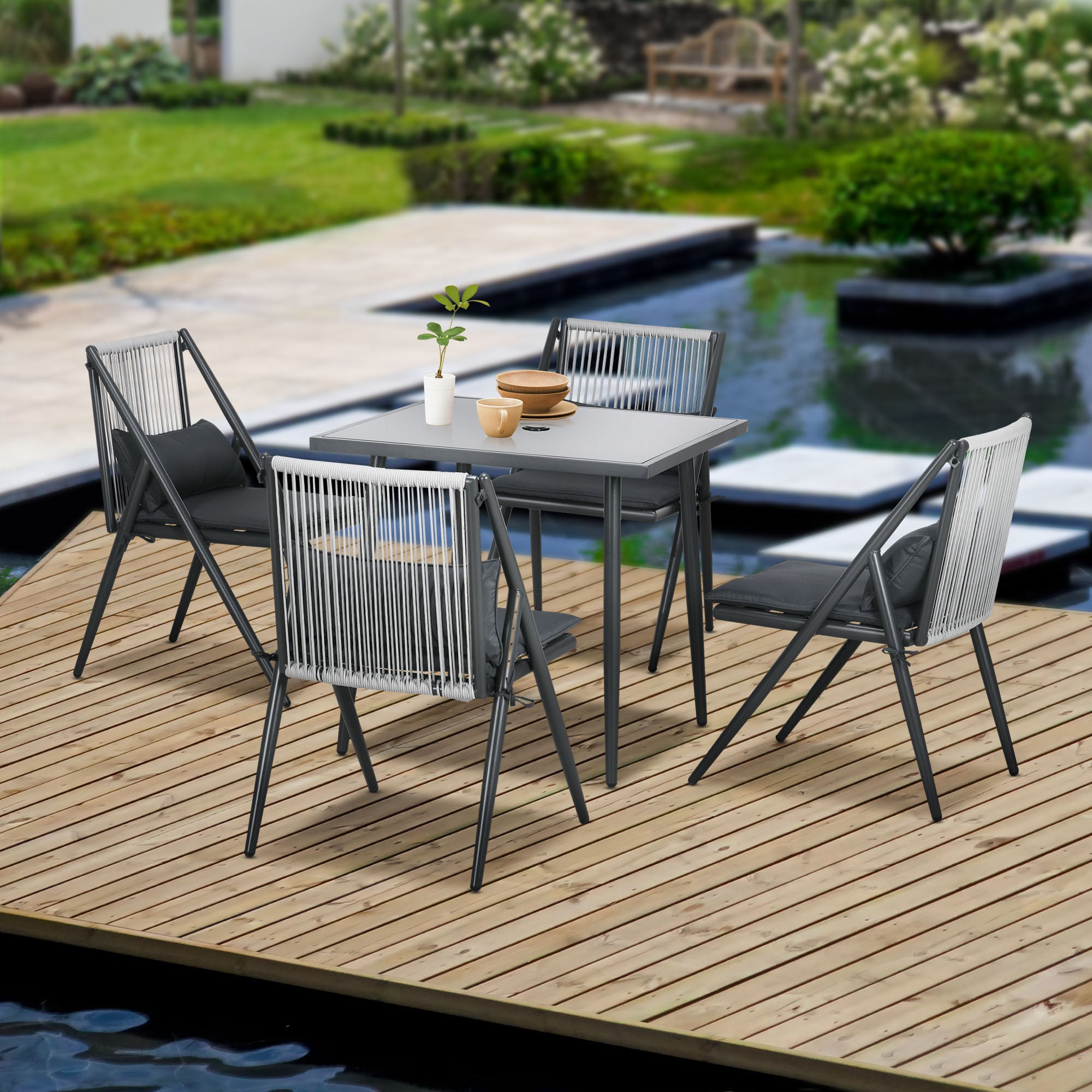 Outsunny 5-teiliges Gartenmöbel-Set Gartensitzgrupp Sitzgruppe, wetterbeständig, 80 cm x 80 cm x 75 cm, Dunkelgrau