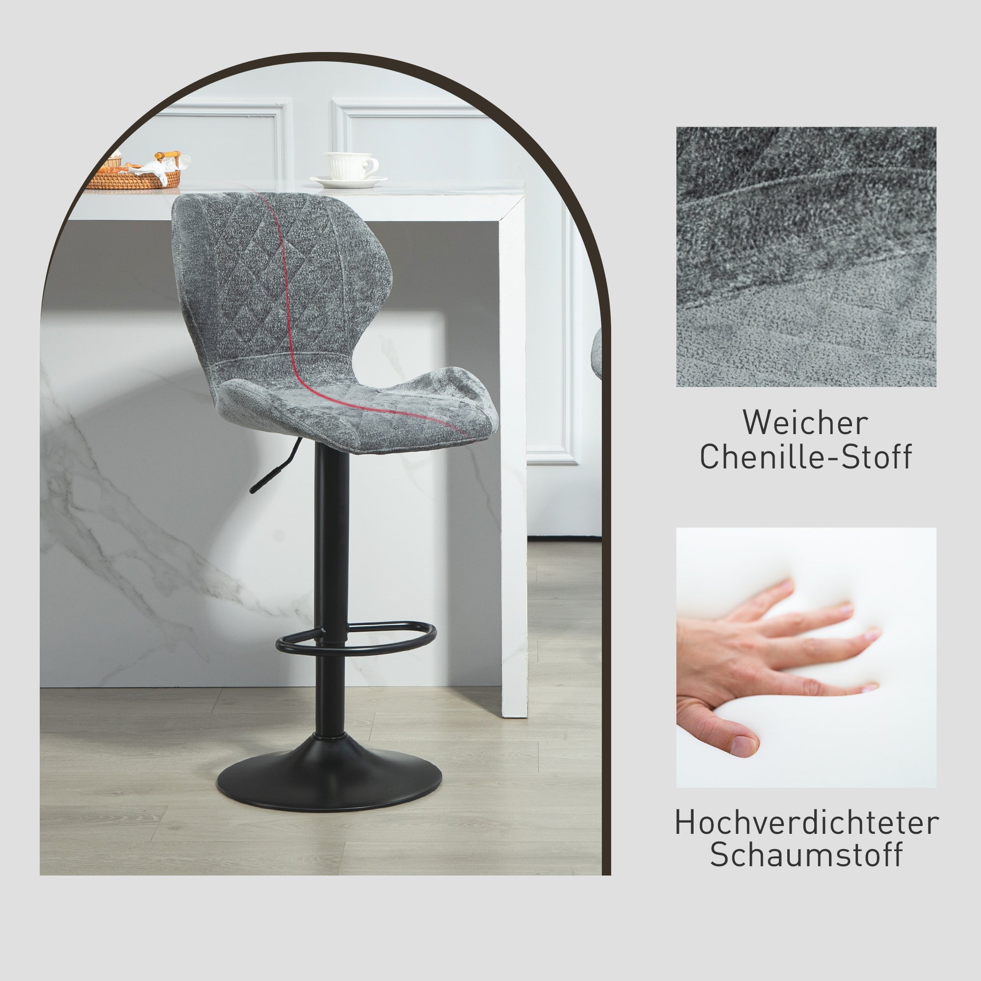 HOMCOM Barstühle im 2er-Set, Höhenverstellbare Küchenhocker mit Rückenlehne, Gaslift, Fußstütze, drehbar, Grau