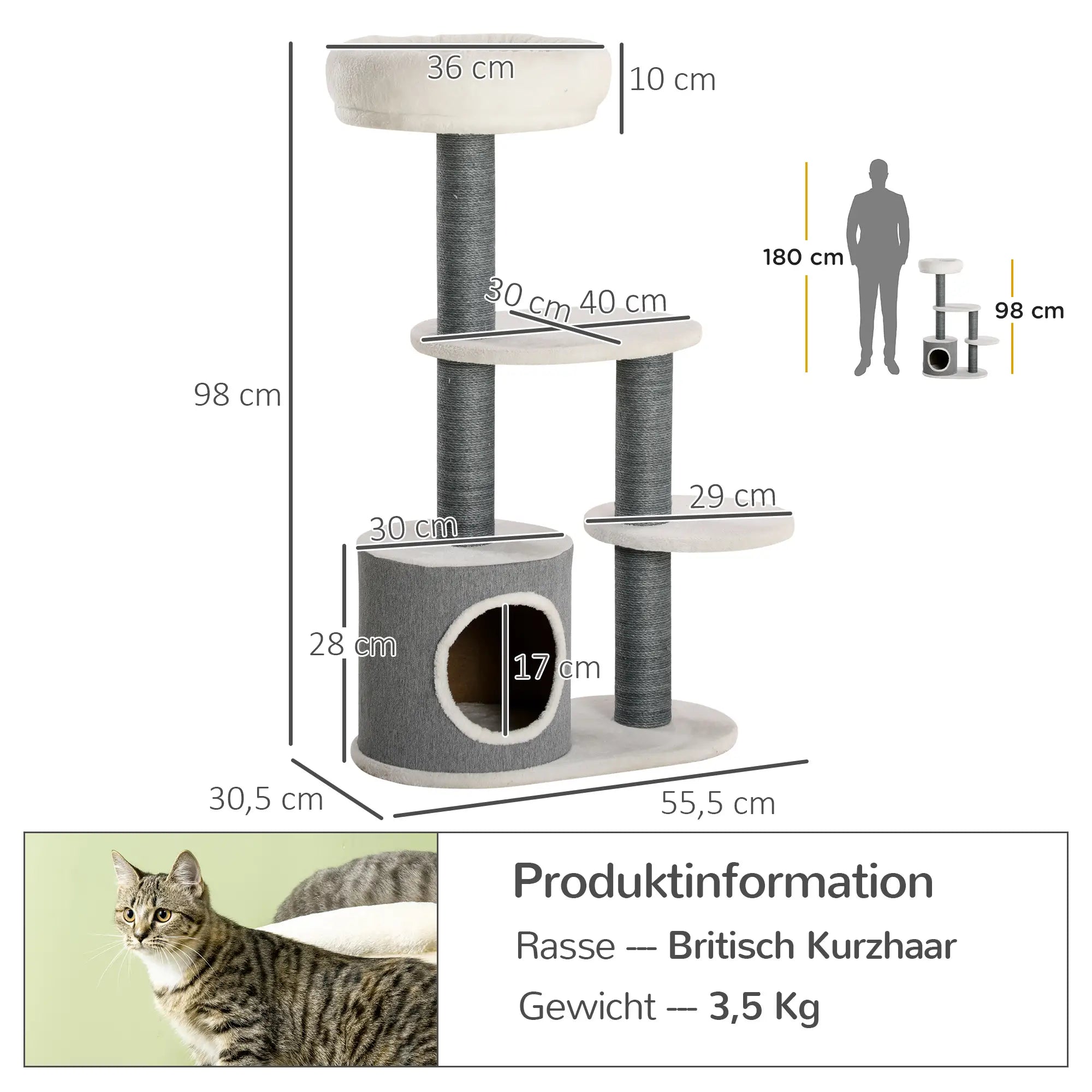 PawHut Kratzbaum mit 1 Katzenhöhle, 1 Katzenbett, 2 Plattformen, Jute-Seilspfosten, Weiß + Grau