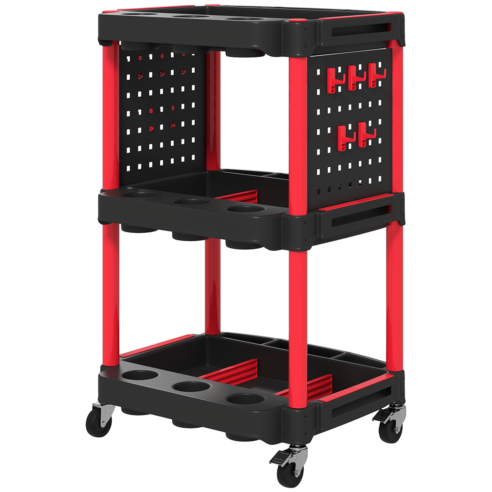 HOMCOM Werkzeugwagen, dreistufige Regale, 4 Räder, Kunststoff, 10 Haken, Rot