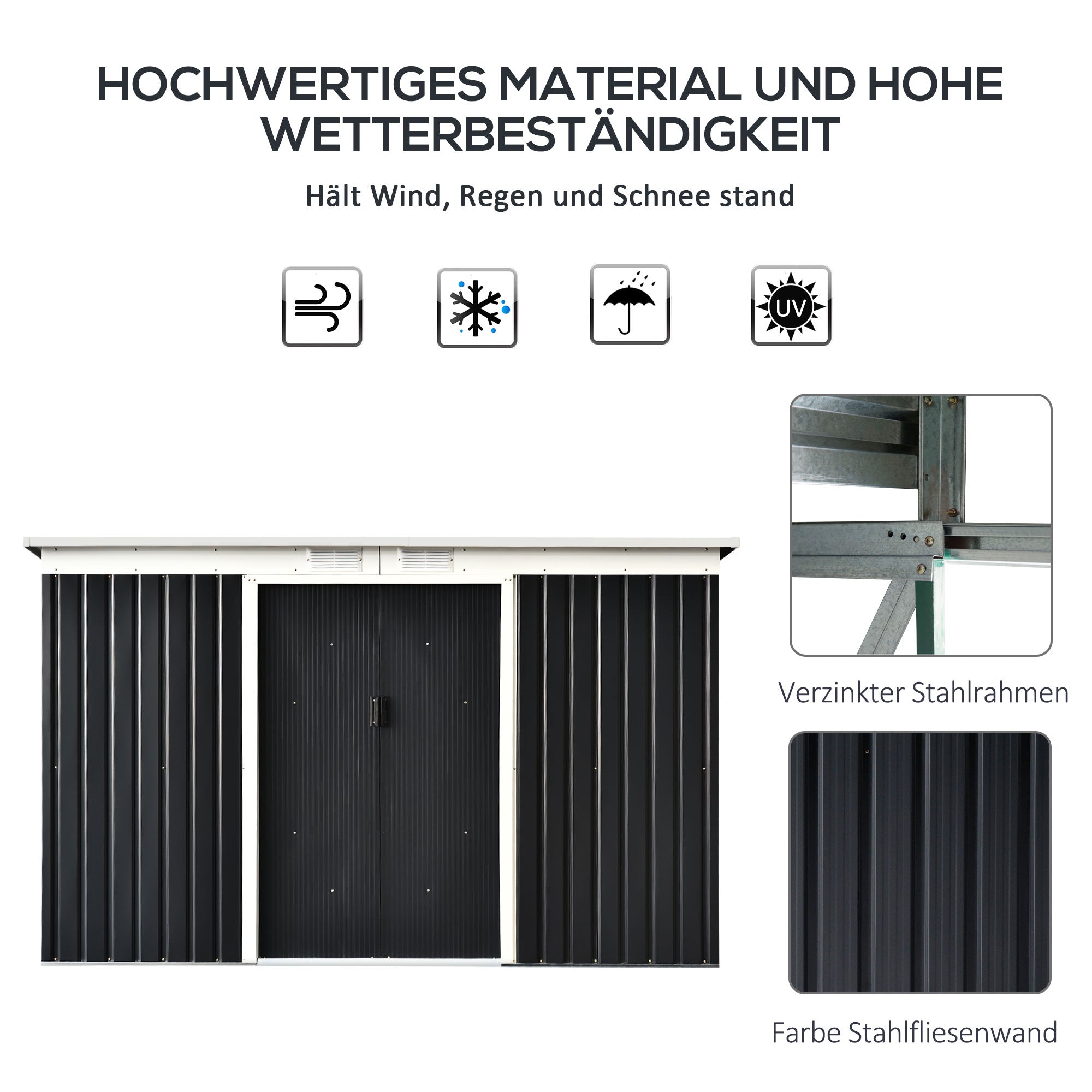 Outsunny Gerätehaus, Gartenhaus, Geräteschuppen mit Schiebetür, Lüftungsfenster, Pultdach, Outdoor, Stahl, Dunkelgrau, 280 x 130 x 172 cm