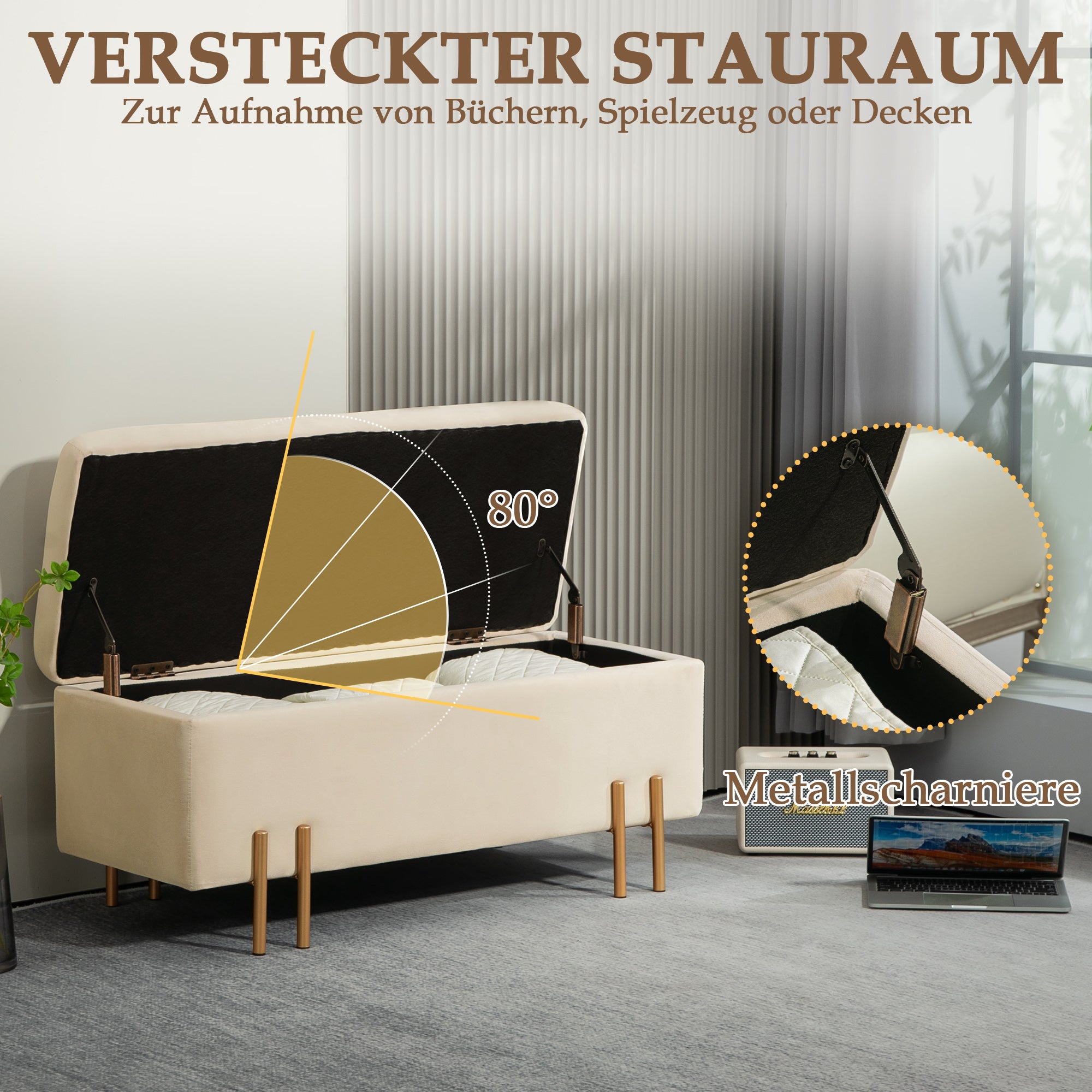 HOMCOM Polsterbank mit Stauraum, Truhenbank, Schaumstoff, Metall, Kautschukholz, 100 x 40 x 42 cm, Beige
