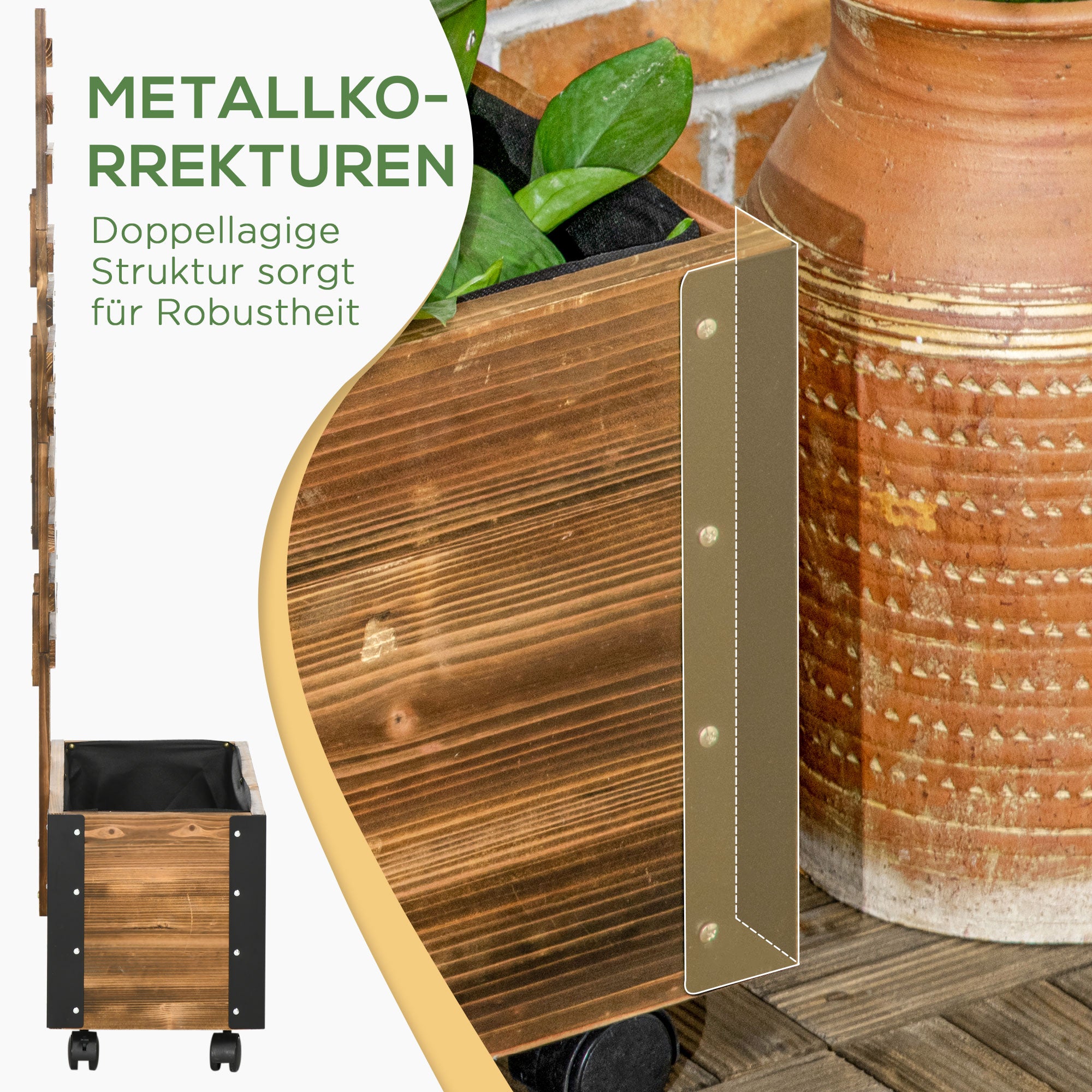 Outsunny Hochbeet mit Rankhilfe, 4 Rollen, behandeltes Massivholz, 65 cm x 31 cm x 147 cm, Schwarz + Braun