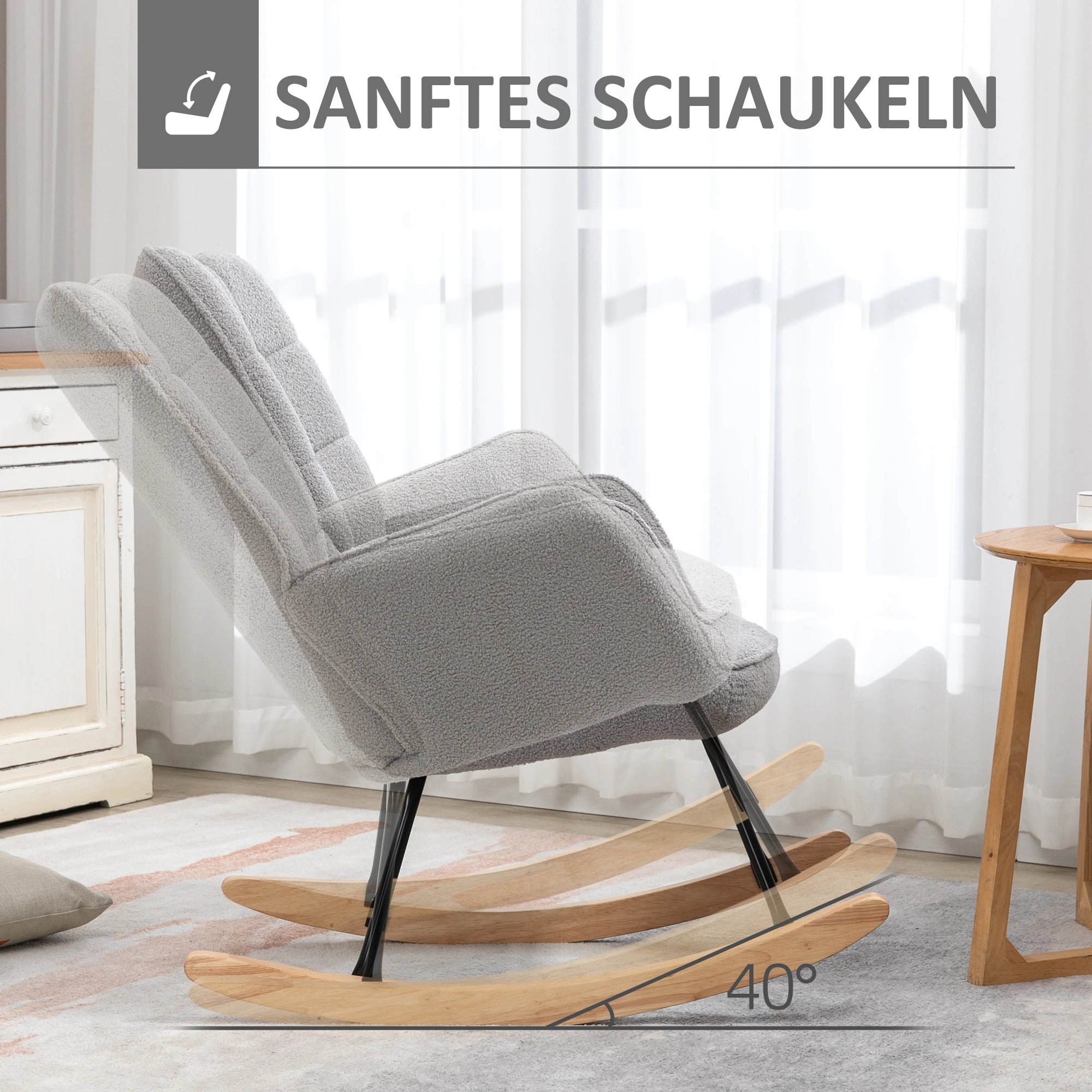 HOMCOM Schaukelstuhl im Retro-Design, Massivholz, Schwingsessel, 71 cm x  92 cm x 101 cm, Hellgrau