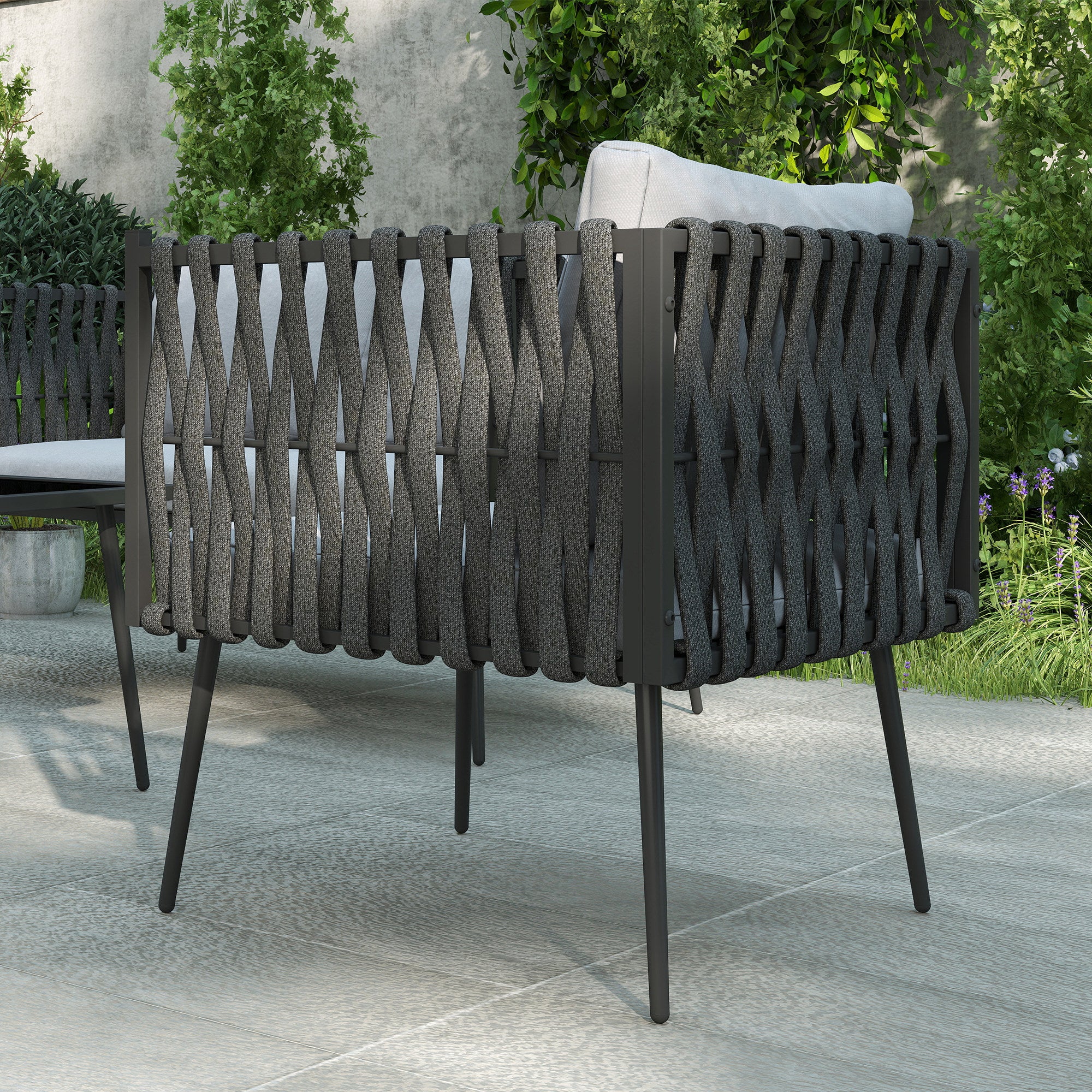 Outsunny Gartenmöbel Set 4 Personen wetterfest Balkonmöbel-Set mit 2er Sofa, Sessel Glastisch Sitzkissen Hellgrau