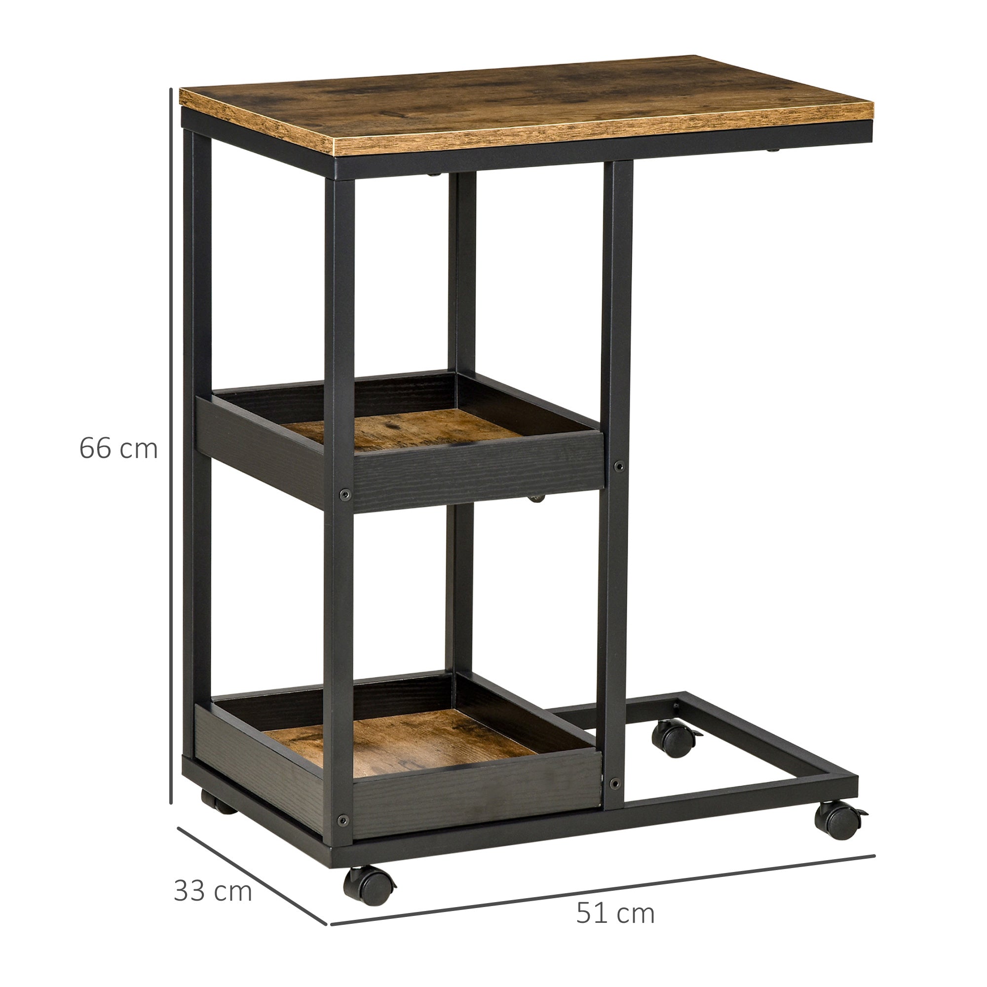 HOMCOM Beistelltisch mit Rädern für Sofa oder Bett, Industriestil, Stahl und Holz, Braun und Schwarz