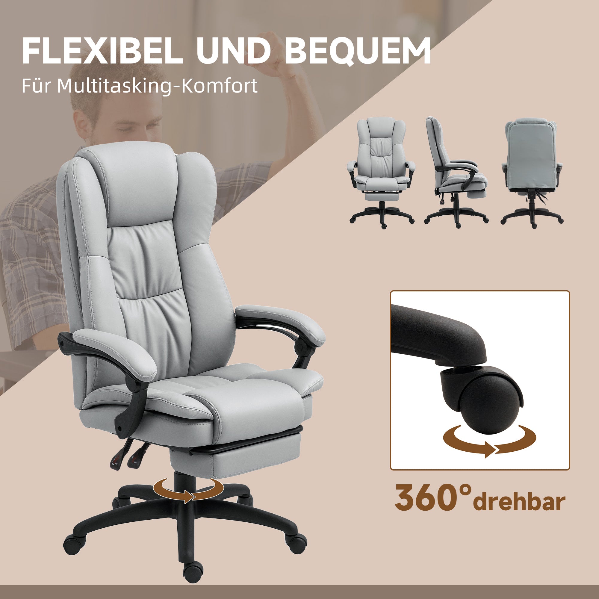 Vinsetto Verstellbarer Drehstuhl mit Fußstütze, Kopfstütze, Massagefunktion, Kunstleder, 68,5x68,5x113-121cm