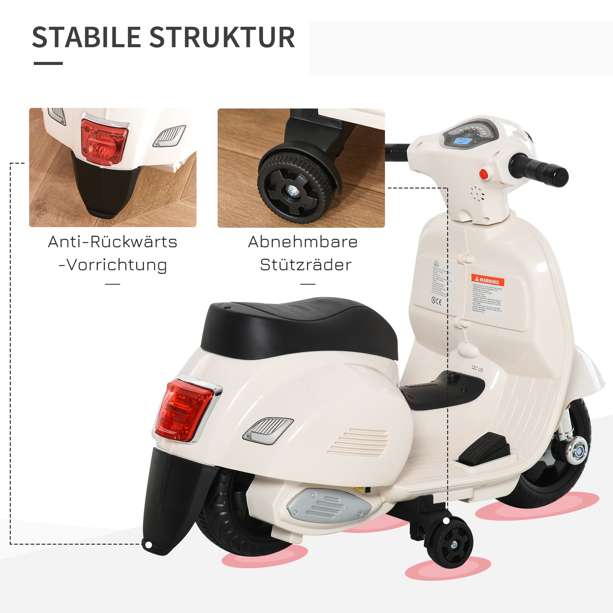 HOMCOM Elektro Kindermotorrad Vespa Elektromotorrad mit LED-Licht, Sound, Kinder Elektro Motorrad für Kinder von 18-36 Monate Weiß
