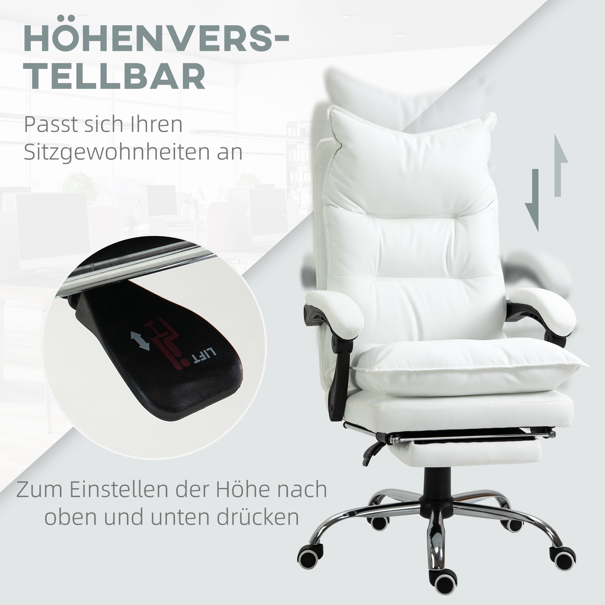 Vinsetto Bürostuhl mit Liegefunktion, ergonomisch höhenverstellbar  mit Fußstütze, gepolstert, bis 135 kg belastbar, 66 x 72 x 122-130 cm, Weiß