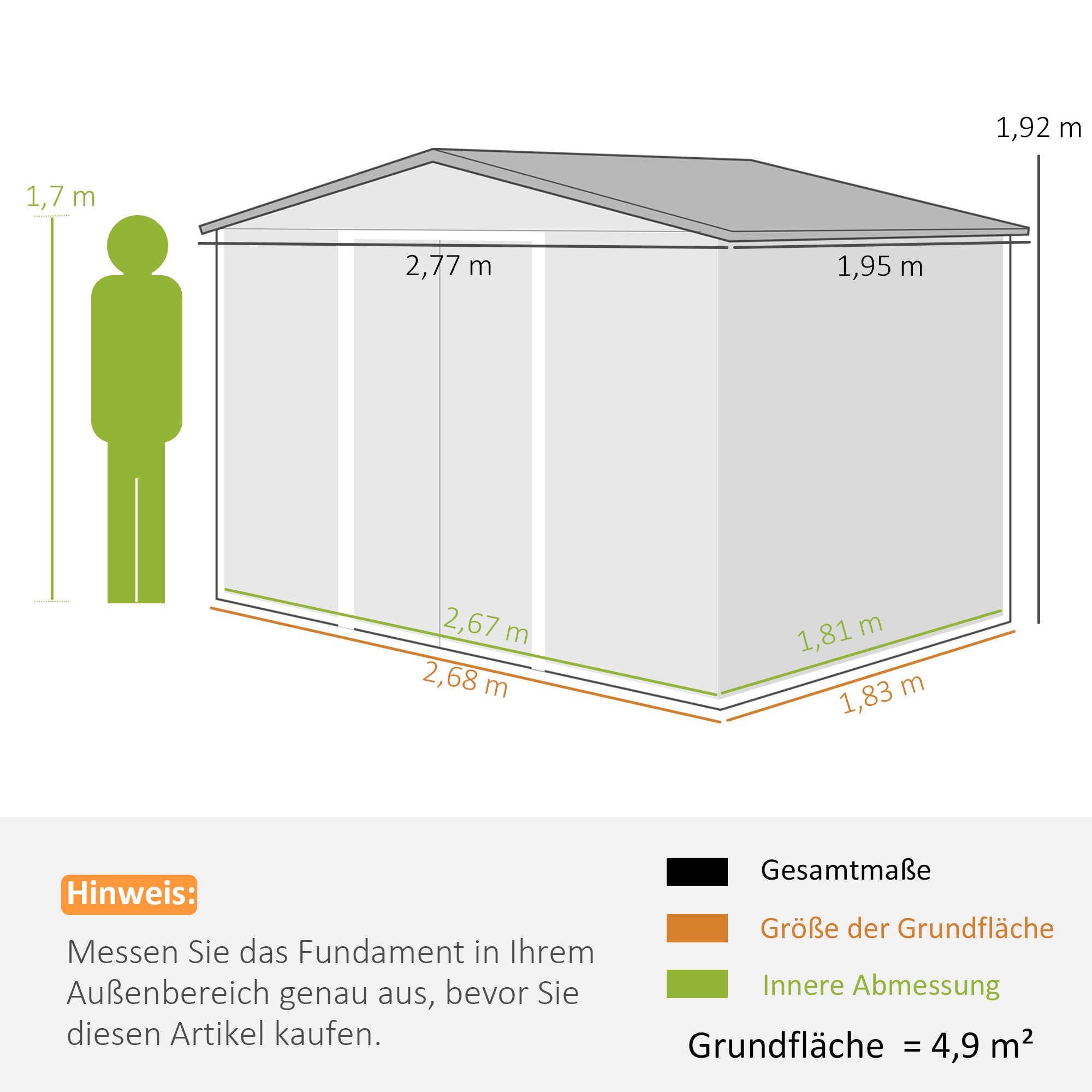 Outsunny Geräteschuppen, 2 Schiebetüren, 4 Fenster, wetterfest, Metallgehäuse, 2,7 x 1,9 x 1,9 m, Braun