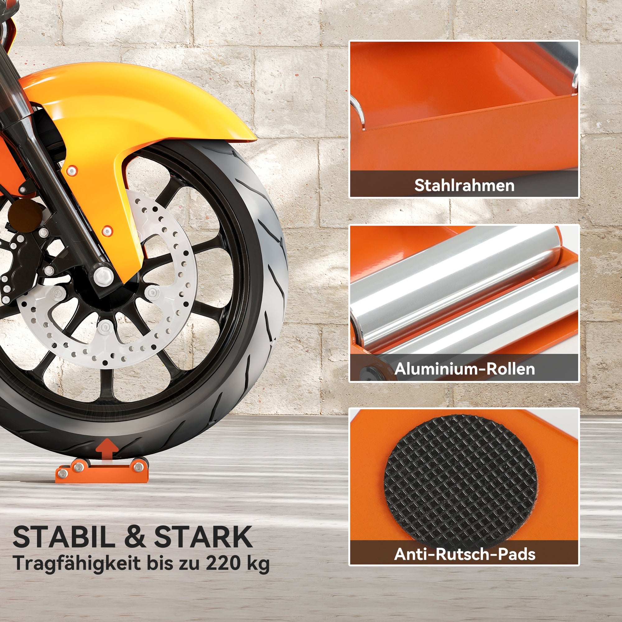 HOMCOM Motorrad Reinigungsständer Rollenständer Rad Drehhilfe Fahrrad <485 lb & Reifenbreite <180 mm Orange