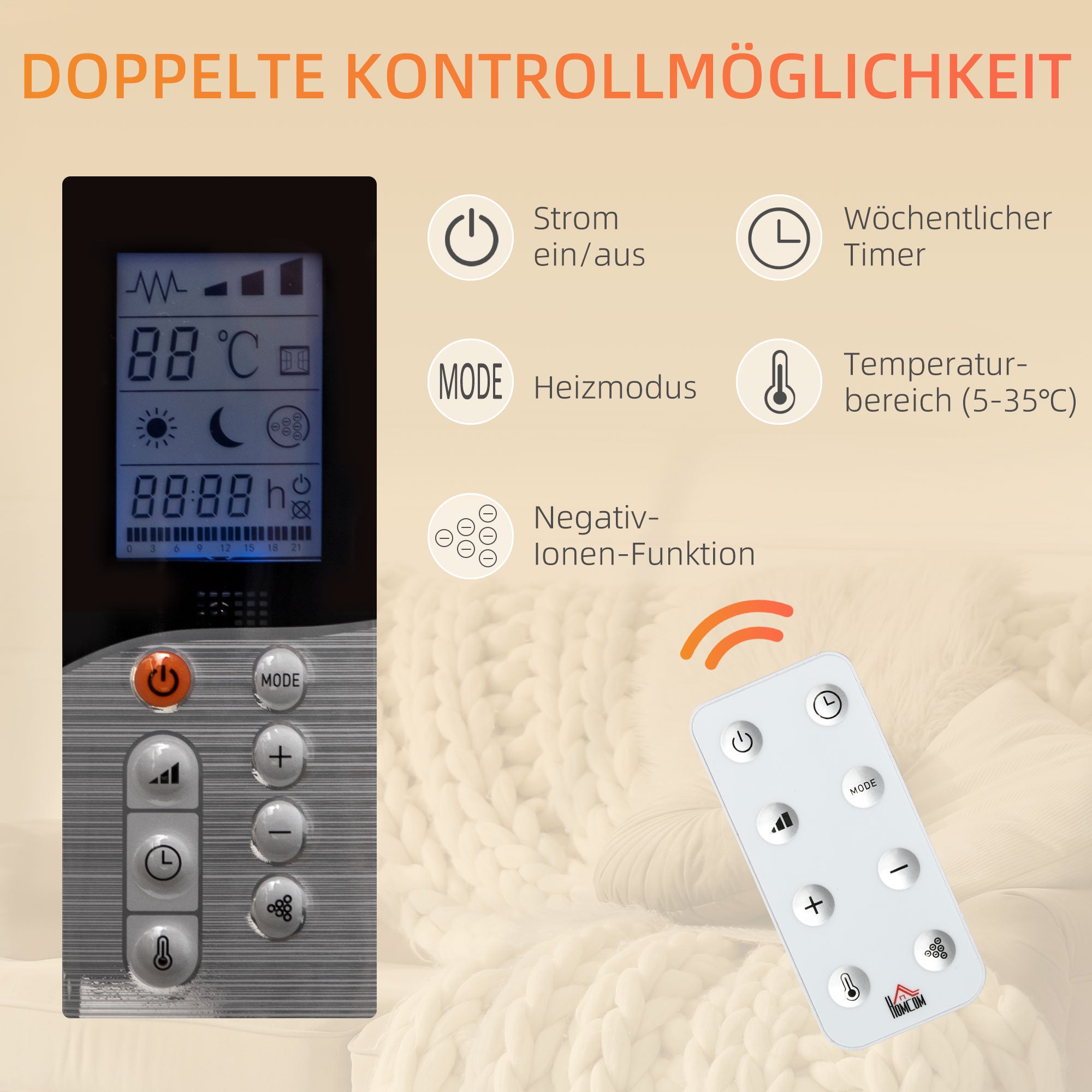 HOMCOM Elektroheizung mit Rollen, 9 vorinstallierte Modi, Wandmontage möglich, 5-35° C, weiß, 75 x 7,5 x 58,5 cm