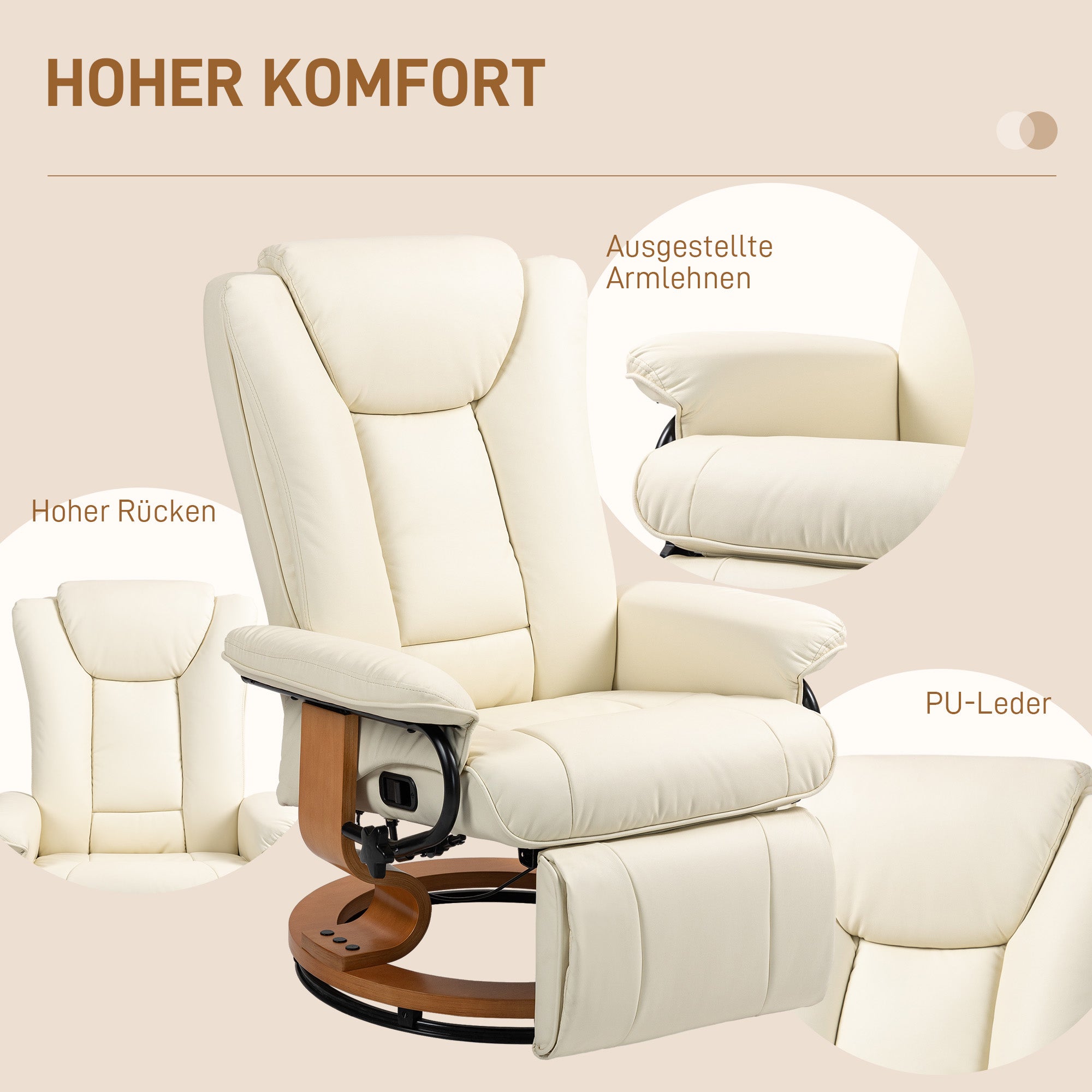 HOMCOM Relaxsessel mit Liegefunktion, drehbar, bis 150 kg, Kunstlederbezug, Stahlrahmen, Cremeweiß