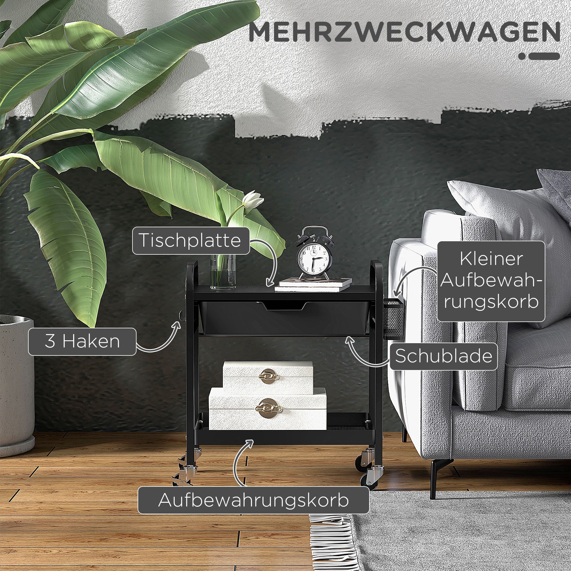 HOMCOM Mehrzweckwagen mit 1 Schublade, 1 Ablage, 4 Rollen, Küchenwagen, Schwarz