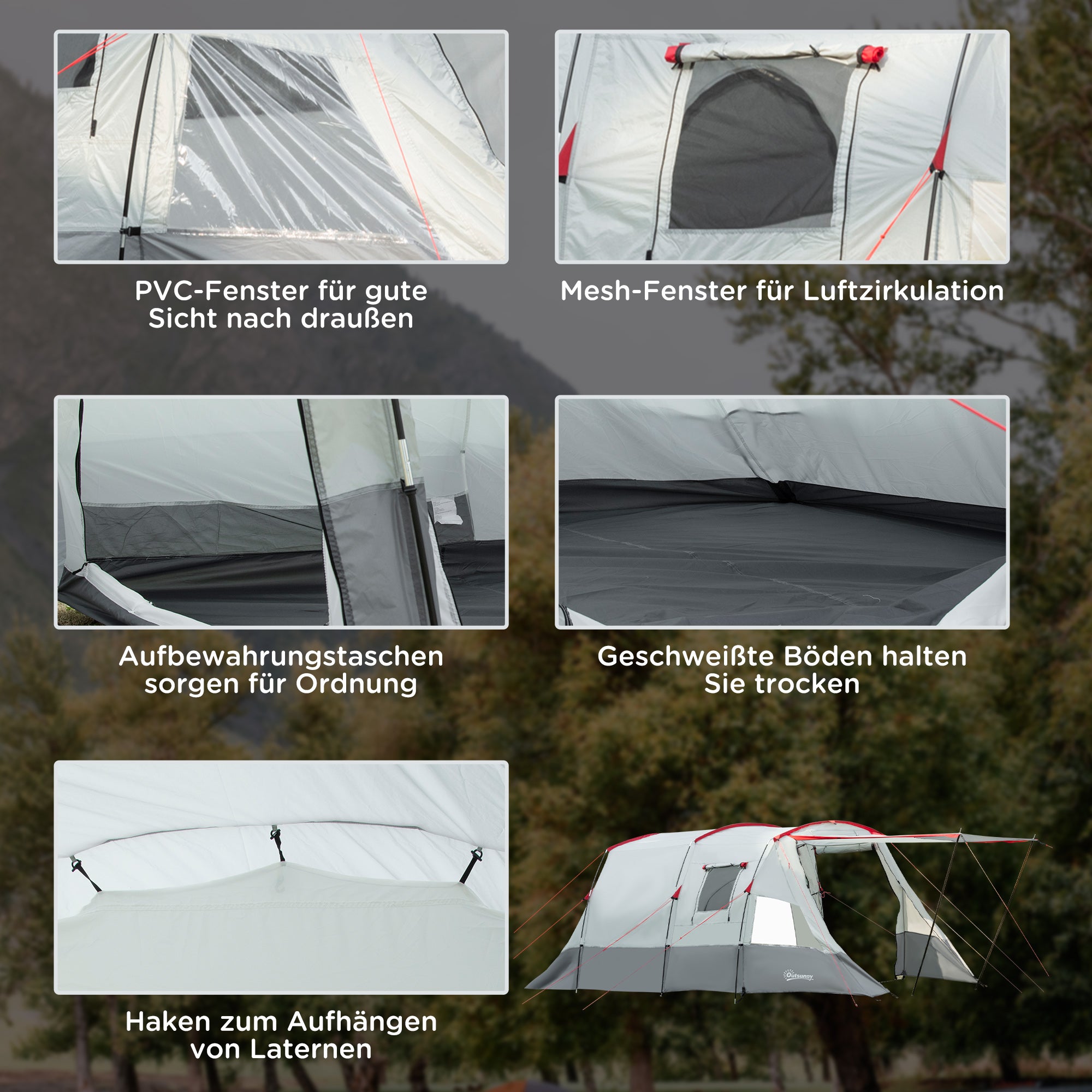 Outsunny Campingzelt, für 6-8 Personen, zwei Räume, Lampenhaken, mit Tragetasche, grau, 5,10x2,40x1,80m
