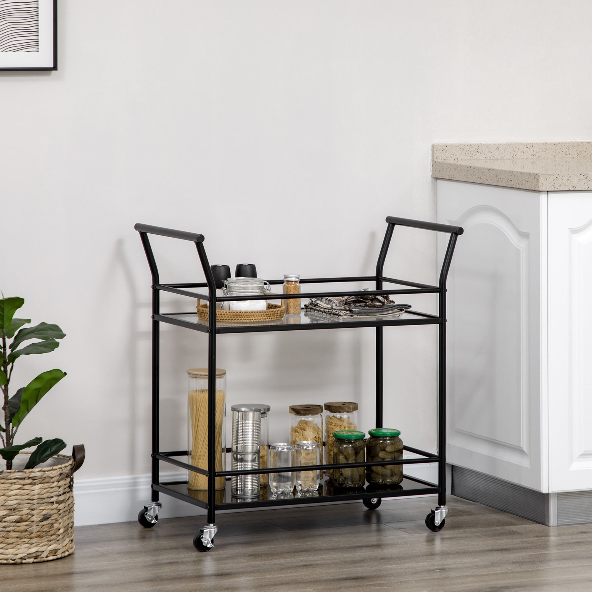HOMCOM Küchenwagen mit 4 Rollen, 2 Ablagen und Griffen, 75 cm x 40 cm x 80 cm, Schwarz