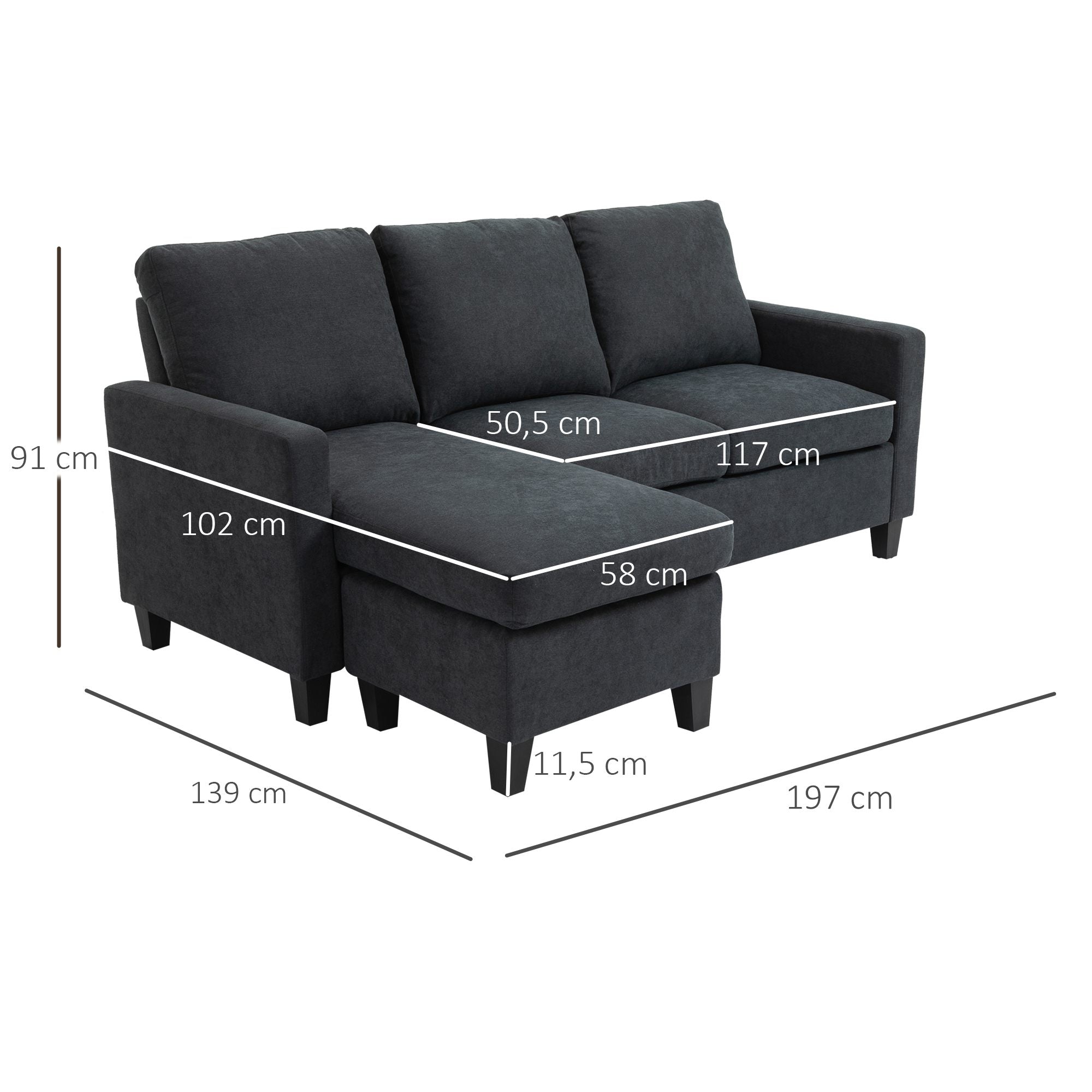 HOMCOM Ecksofa, Couchgarnitur, mit wendbarer Chaiselongue, 197 x 139 x 91cm, dunkelgrau
