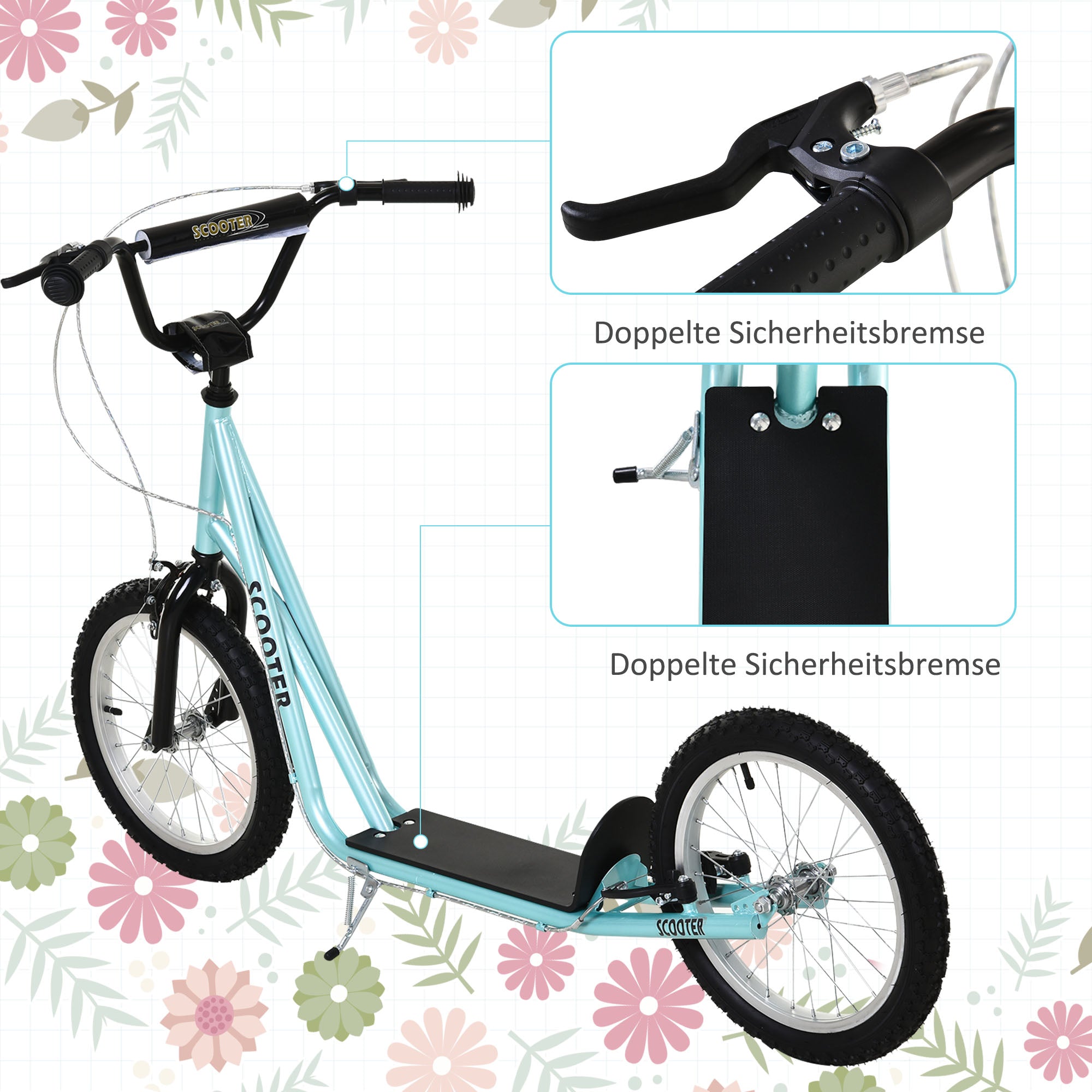HOMCOM Kinderscooter mit Bremse höhenverstellbar Leichtbau Hellblau